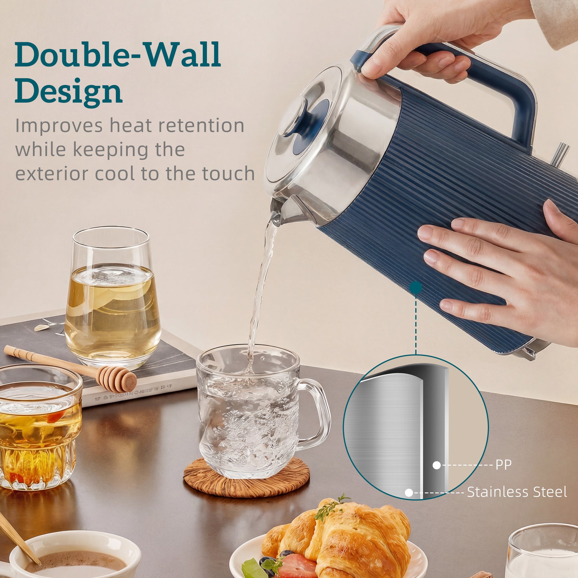 Electric Stainless Steel Kettle and Toaster Set, 3000W 1.7L UK Strix Thermostat Fast Boil Kettle w/ Limescale Filter, Cool Touch Body, 4 Slice Toaster with 7 Browning Levels, Dark Blue