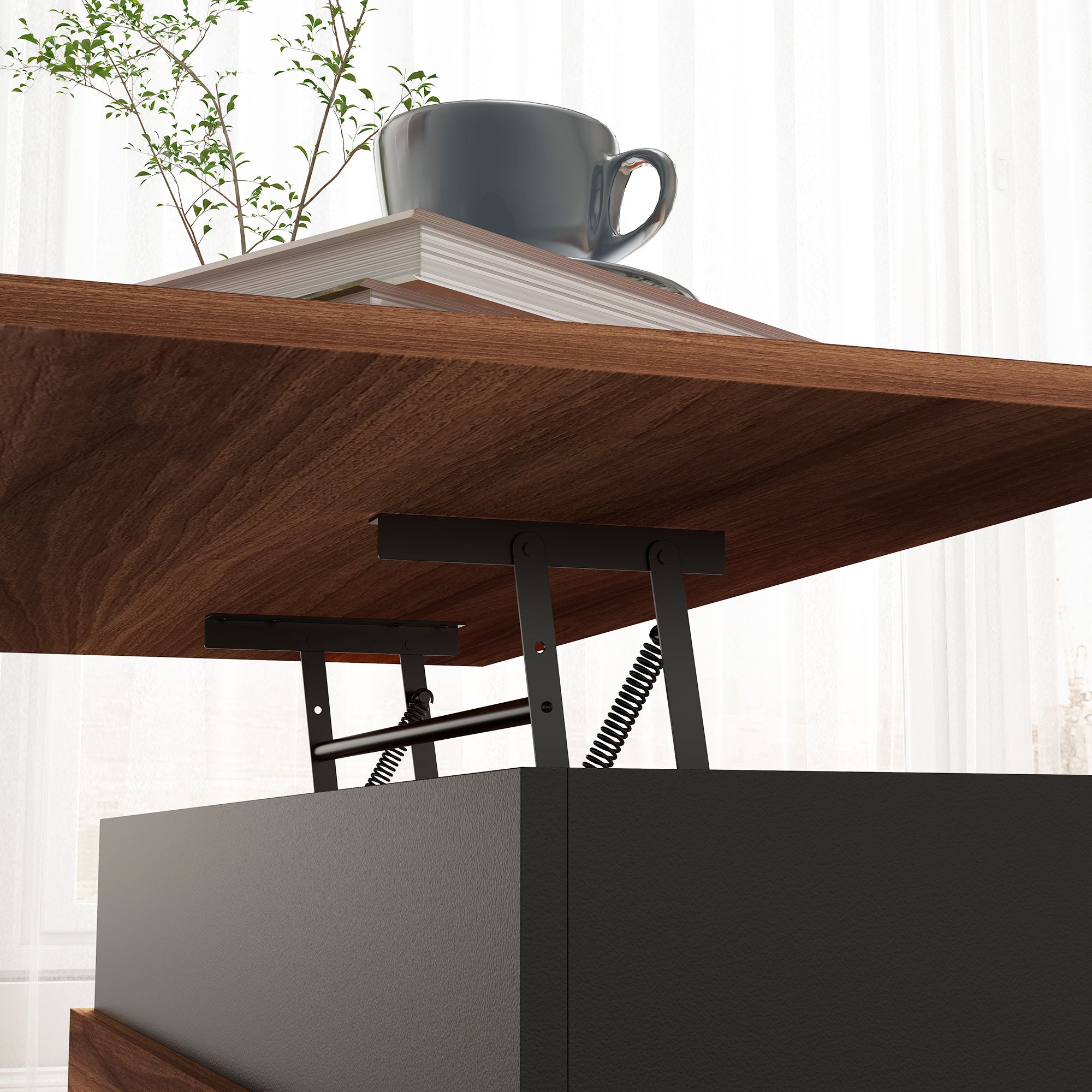 Lift Top Coffee Table with Hidden Compartments and Wood Legs Walnut