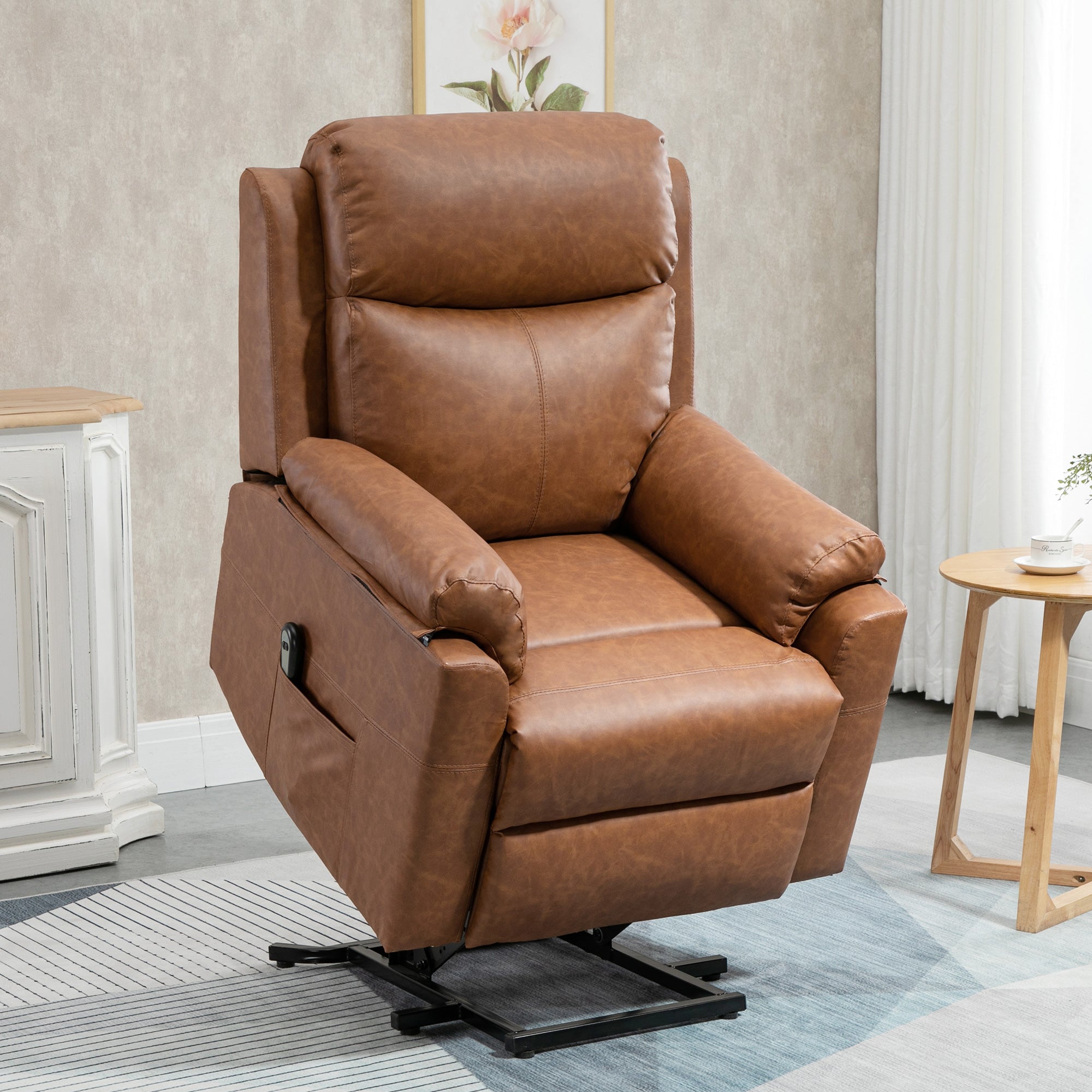 HOMCOM Power Lift Recliner Chair, Electric Lift Chair for Elderly, Overstuffed Faux Leather Riser and Reclining Armchair with Remote Control, Side Pockets, for Living Room, Brown