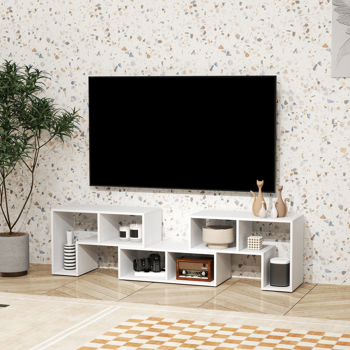 TV Stand for TVs up to 75", 3-Piece Modular TV Console, Industrial Entertainment Center with Open Storage Shelves for Living Room, White