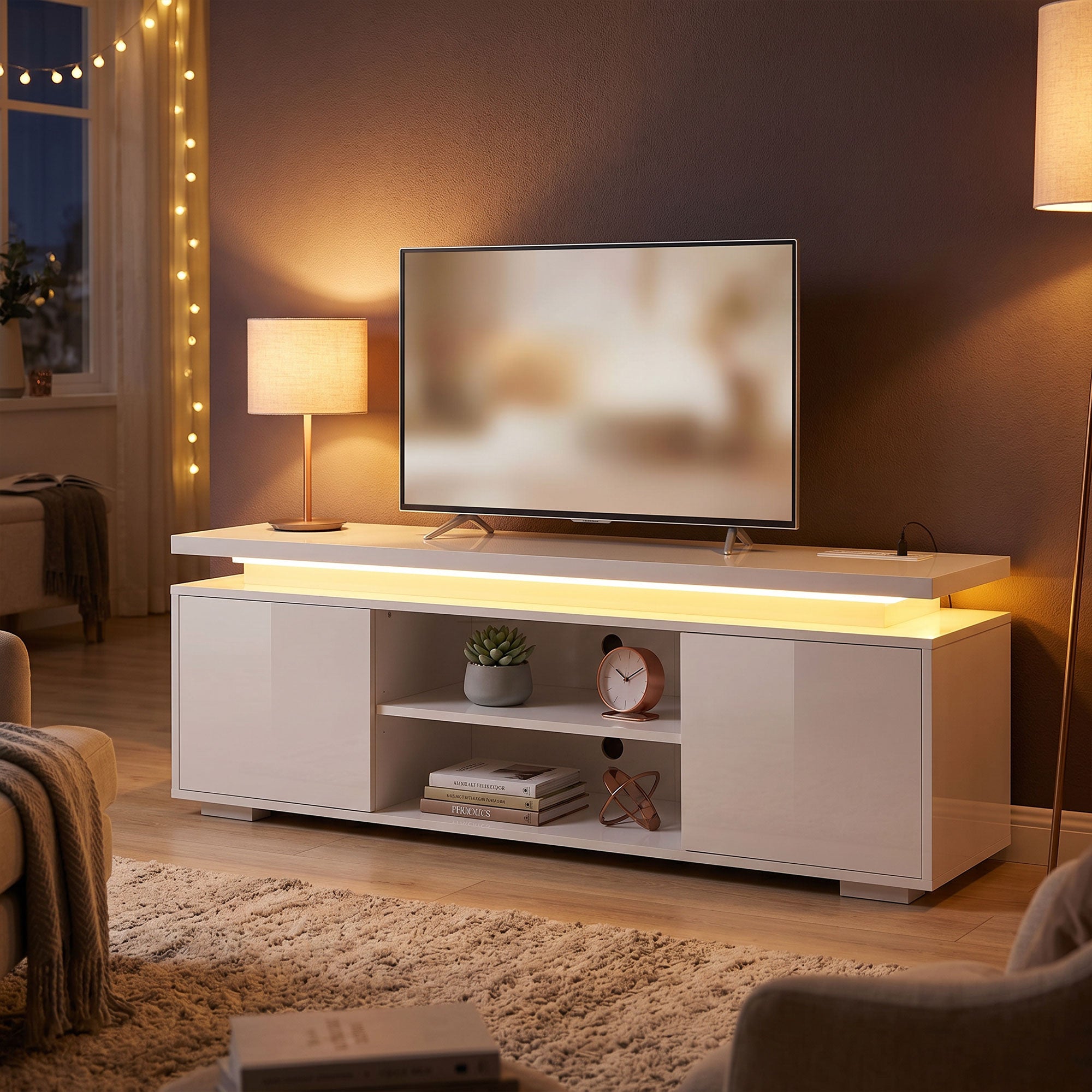 TV Stand for TVs up to 60 Inch, Modern Entertainment Center with LED Lights and Power Outlets, Media Console Table with 2 Cabinets & Adjustable Open Shelf, High Gloss White