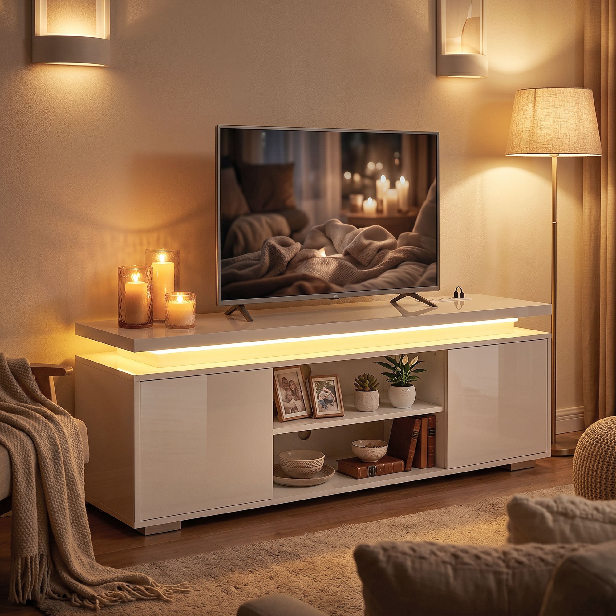 TV Stand for TVs up to 60 Inch, Modern Entertainment Center with LED Lights and Power Outlets, Media Console Table with 2 Cabinets & Adjustable Open Shelf, High Gloss White
