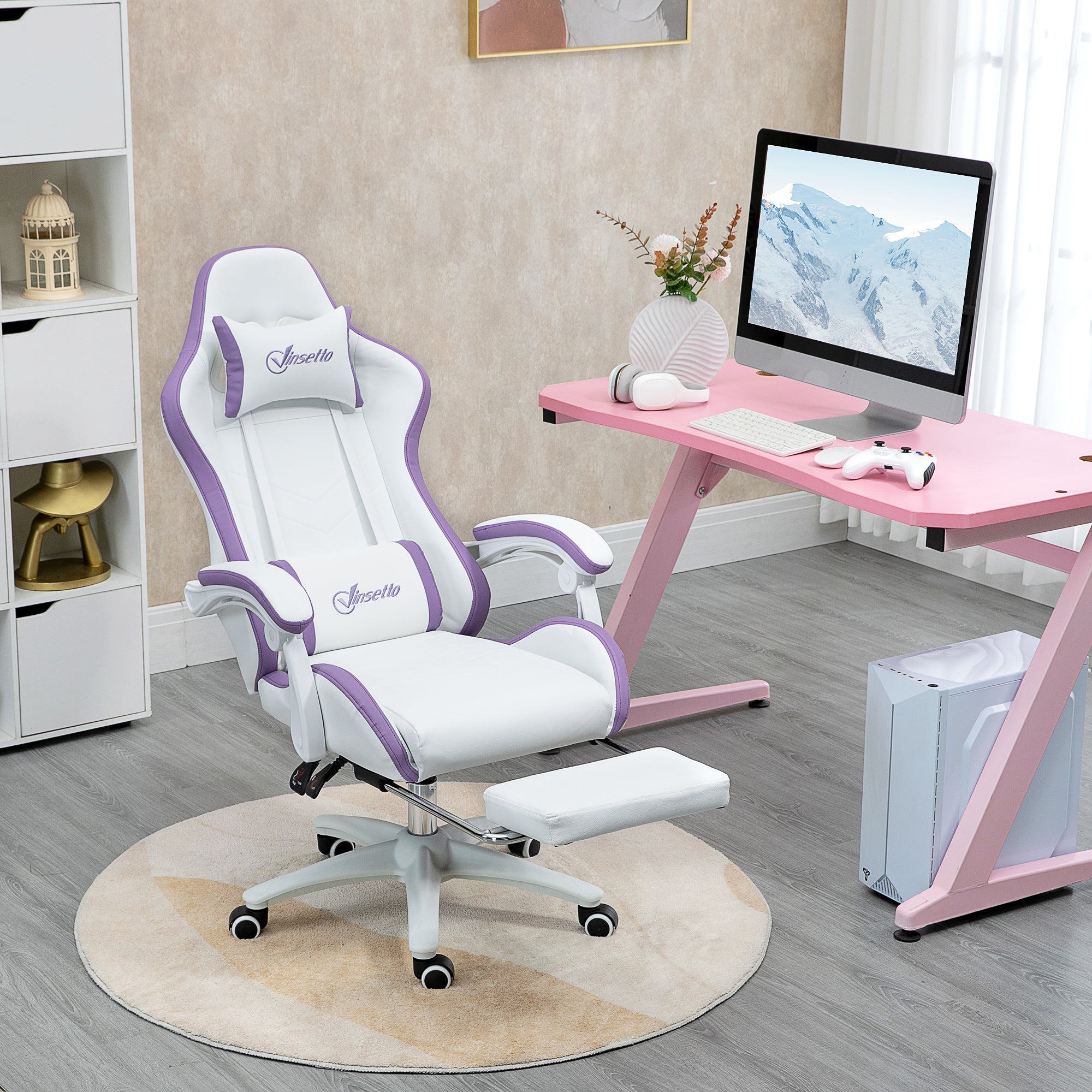 Vinsetto Computer Gaming Chair, PU Leather Desk Chair with Footrest, Swivel Task Chair with 135° Reclining Back and Lumbar Support, PC Chair for Adults, White and Purple