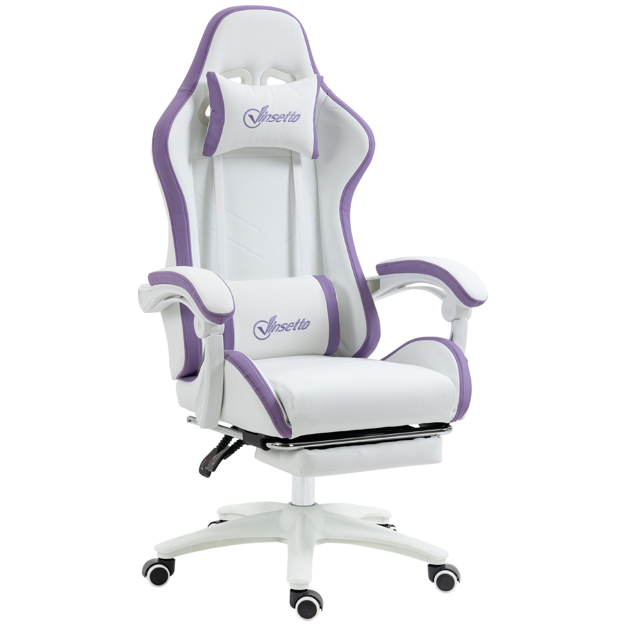 Vinsetto Computer Gaming Chair, PU Leather Desk Chair with Footrest, Swivel Task Chair with 135° Reclining Back and Lumbar Support, PC Chair for Adults, White and Purple