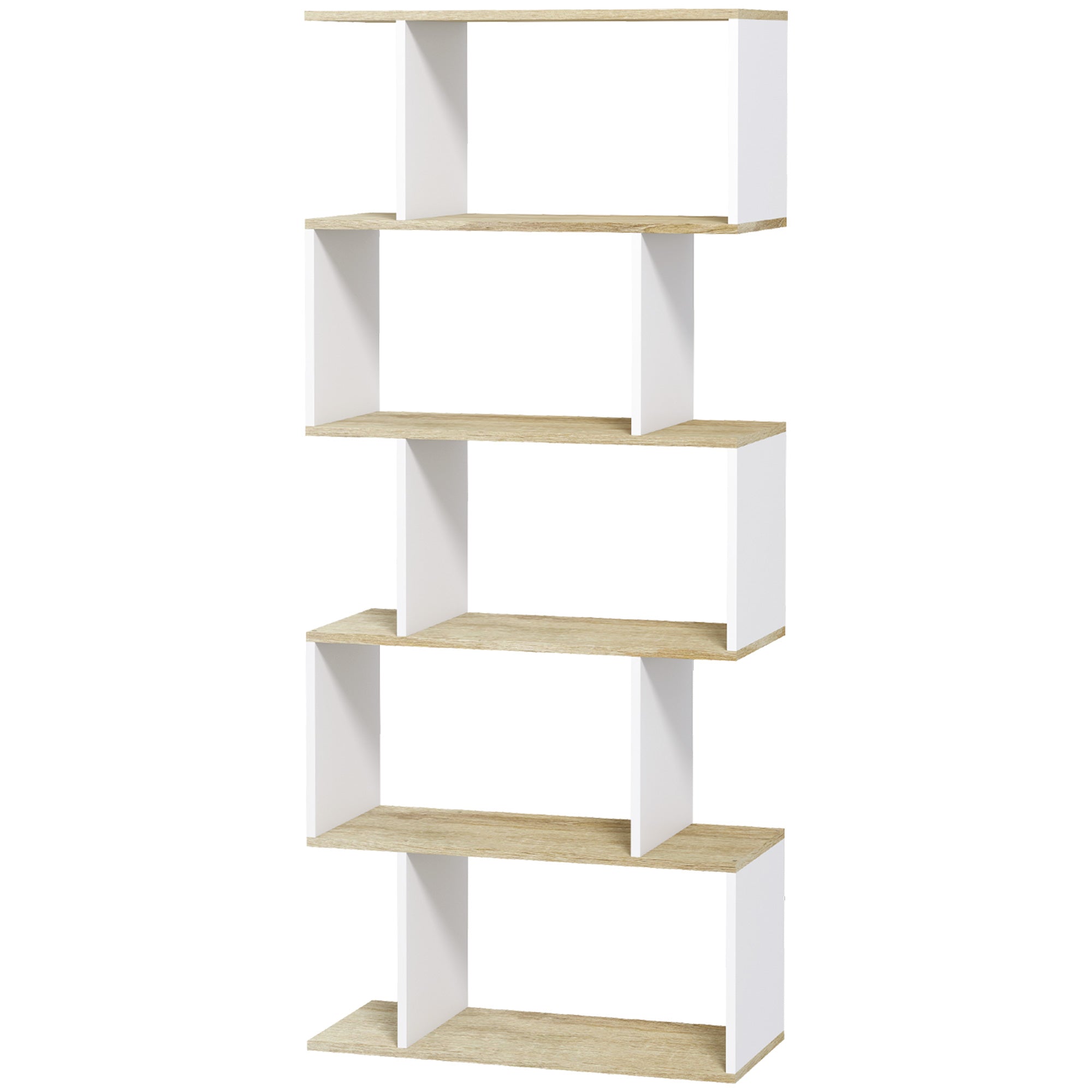 5-Tier Bookshelf, Geometric S Shaped Bookcase, Tall Narrow Display Shelf for for Living Room, Study Room, Home Office, White