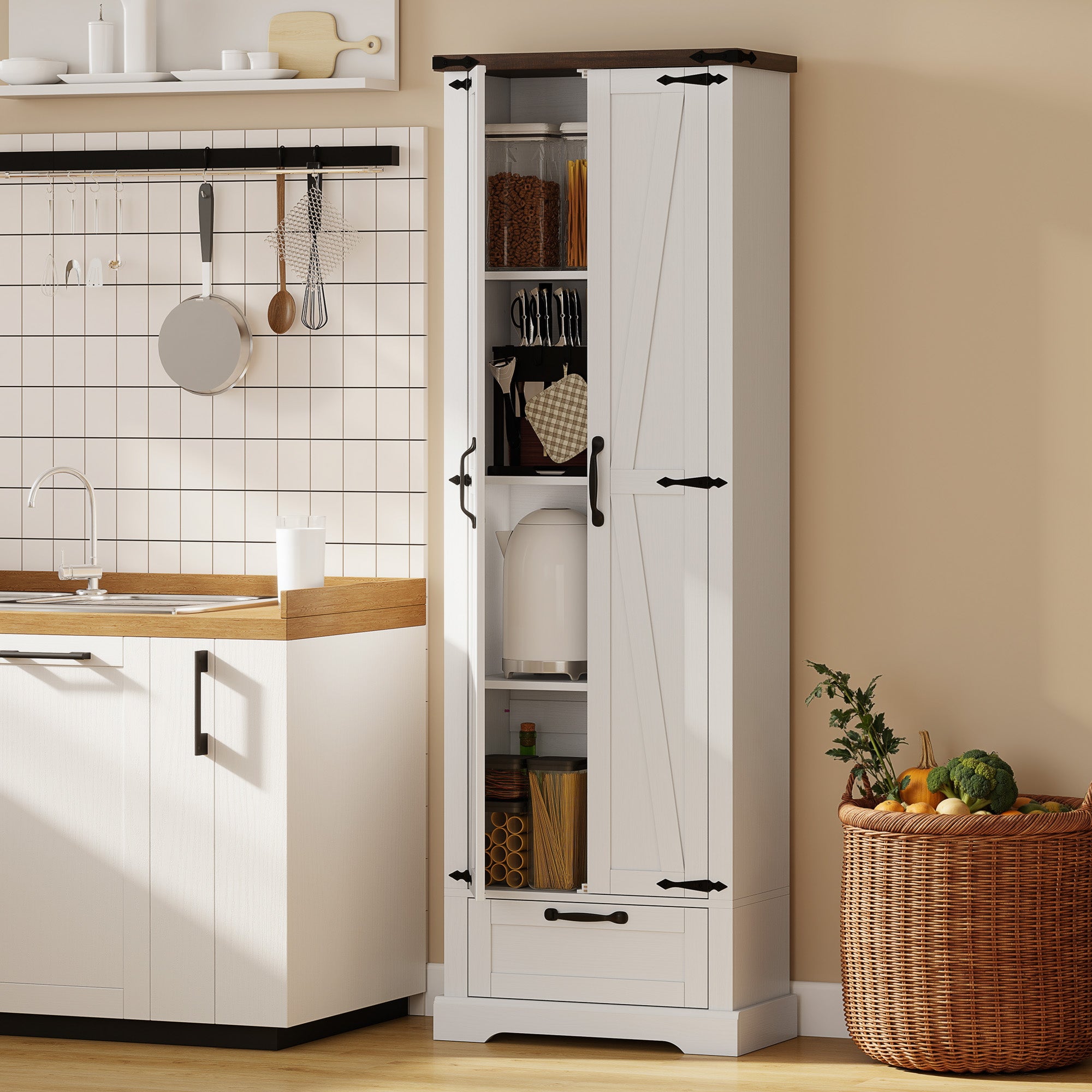 71" Tall Kitchen Pantry, Farmhouse Storage Cabinet with Barn Doors, Drawer and Adjustable Shelves, Freestanding Food Pantry Cabinet for Kitchen, Dining Room, White