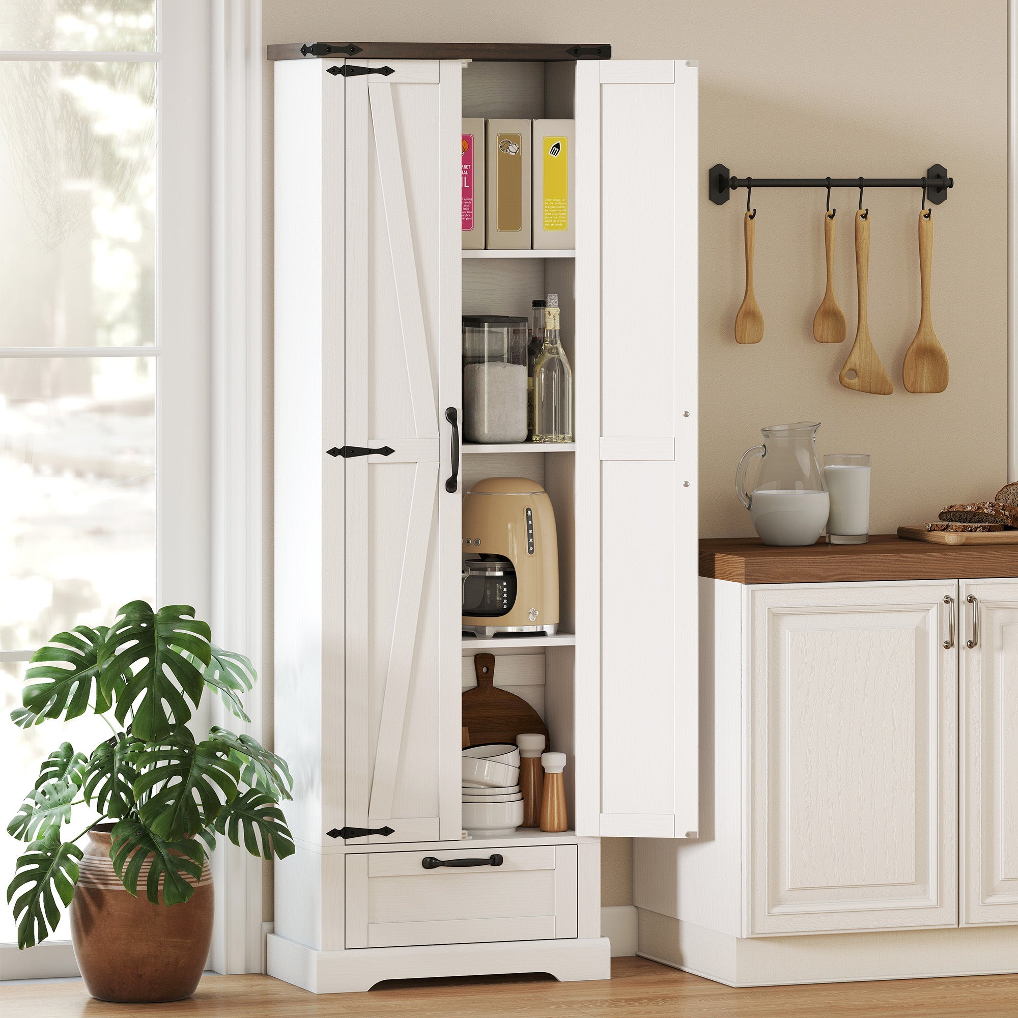 71" Tall Kitchen Pantry, Farmhouse Storage Cabinet with Barn Doors, Drawer and Adjustable Shelves, Freestanding Food Pantry Cabinet for Kitchen, Dining Room, White
