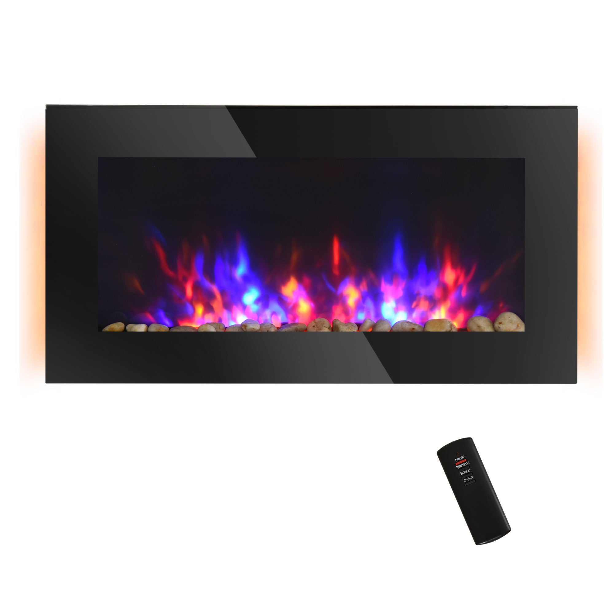 36" 1450W Electric Wall-Mounted Fireplace with Flame Effect, 7 Color Background Light and Side Light, Black