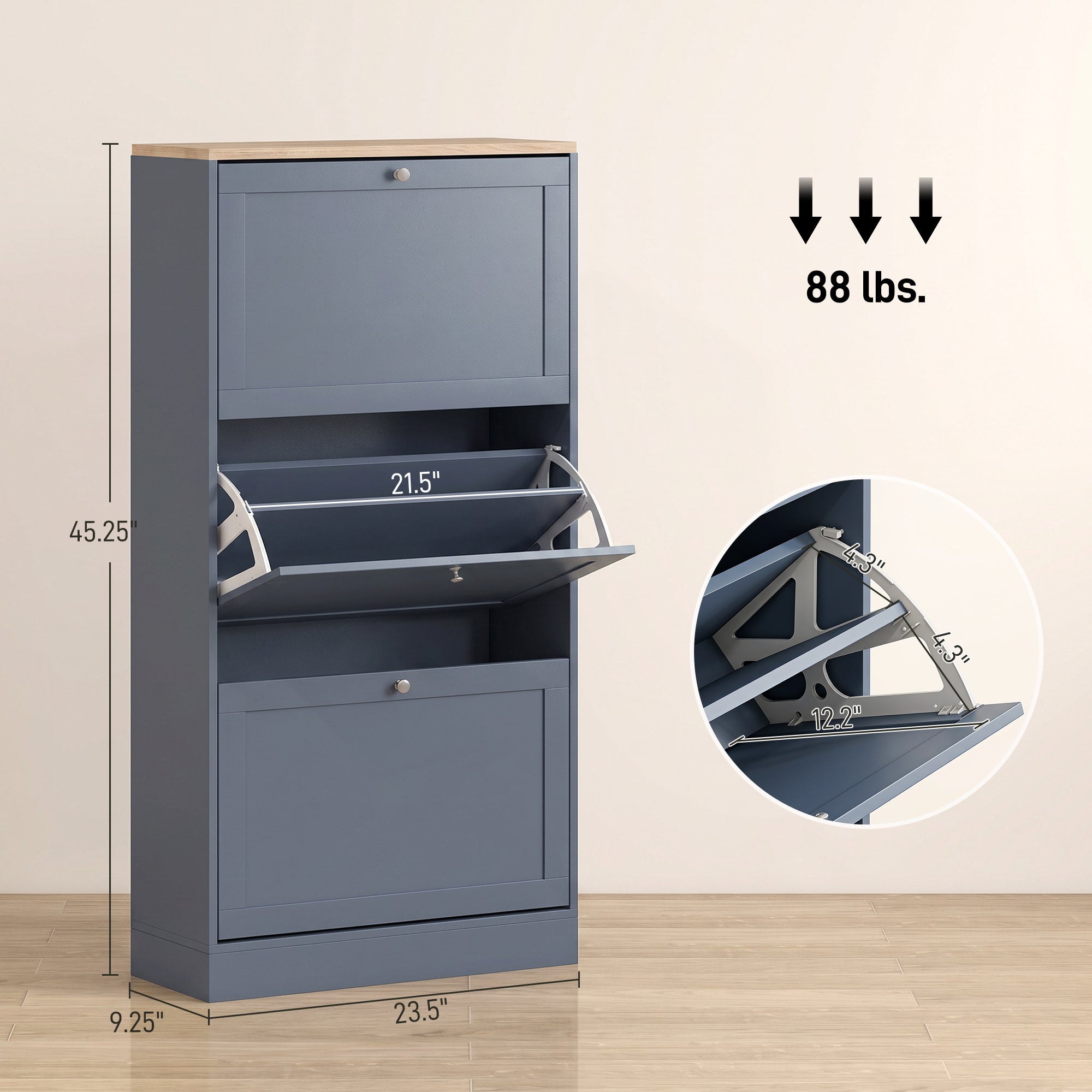 Modern Shoe Storage Cabinet with 3 Flip Drawers, Wooden Freestanding Shoe Cabinet with Adjustable Shelves, 12-18 Pairs, for Entryway, Hallway, Blue