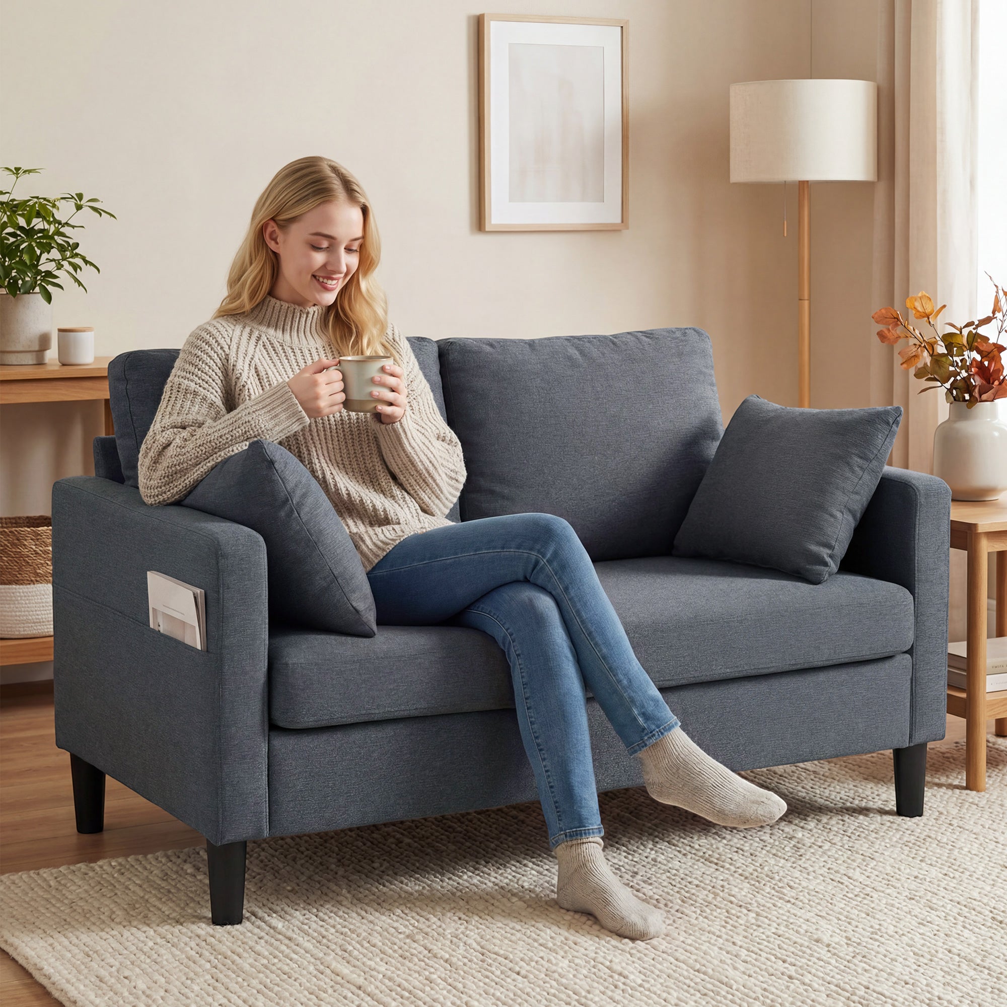 55" Loveseat Sofa, Modern Linen Upholstered Couch with Spring Cushion, 2 Pillows, 2 Seater Sofa for Living Room, Bedroom, Home Office, Dark Grey