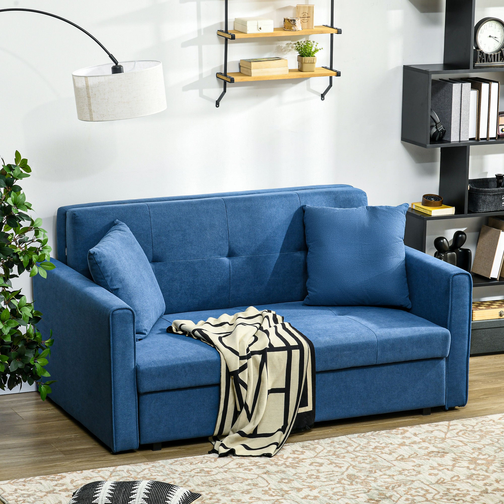 HOMCOM 2 Seater Sofa Bed, Convertible Bed Settee, Modern Fabric Loveseat Sofa Couch with 2 Cushions, Hidden Storage for Living Room, Guest Room, Deep Blue