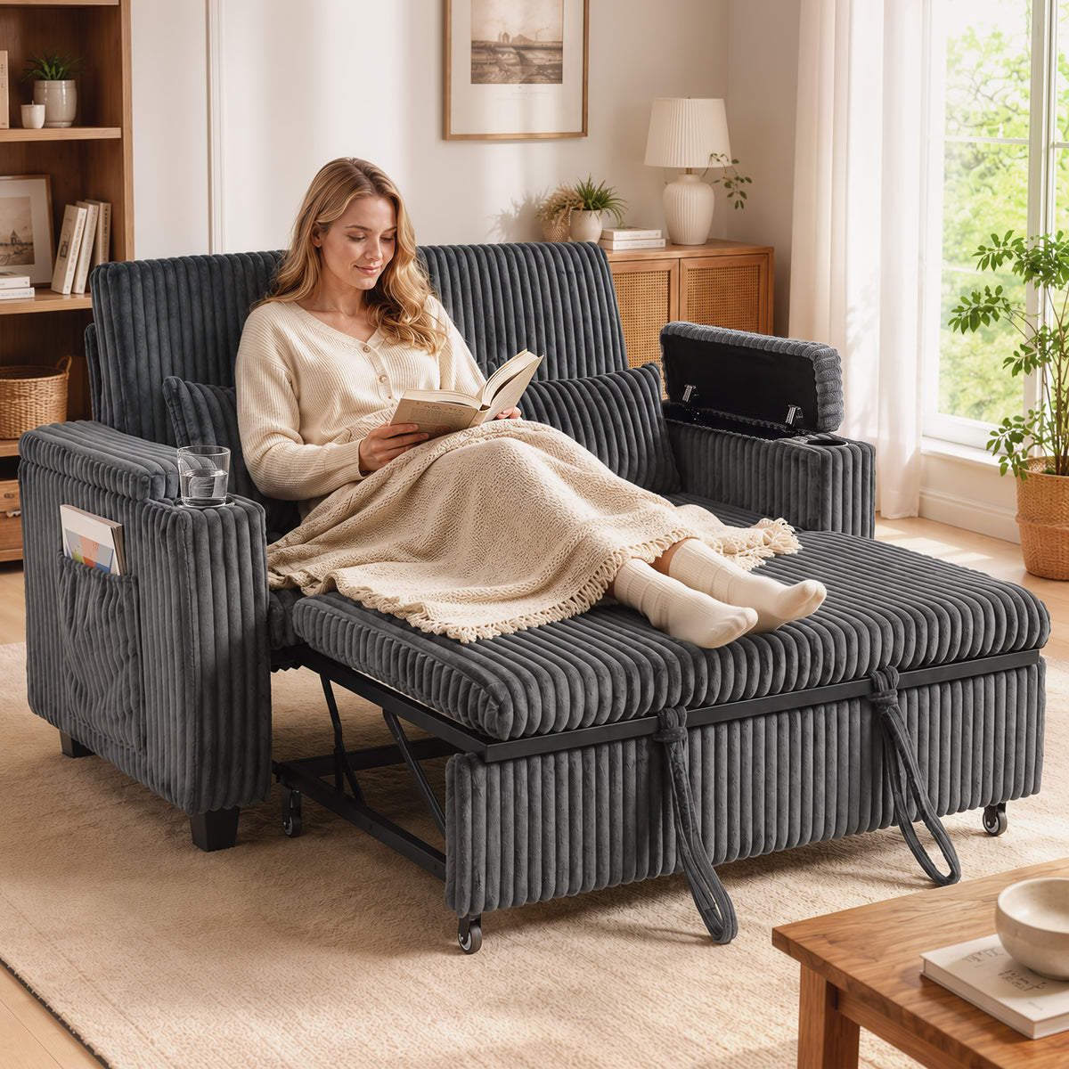 2 Seater Sofa Bed, 3-in-1 Convertible Pull Out Sleeper Sofa, Corduroy Loveseat Bed Settee with Adjustable Backrest, Storage Armrests, Cup Holders, Side Pockets for Living Room, Dark Grey