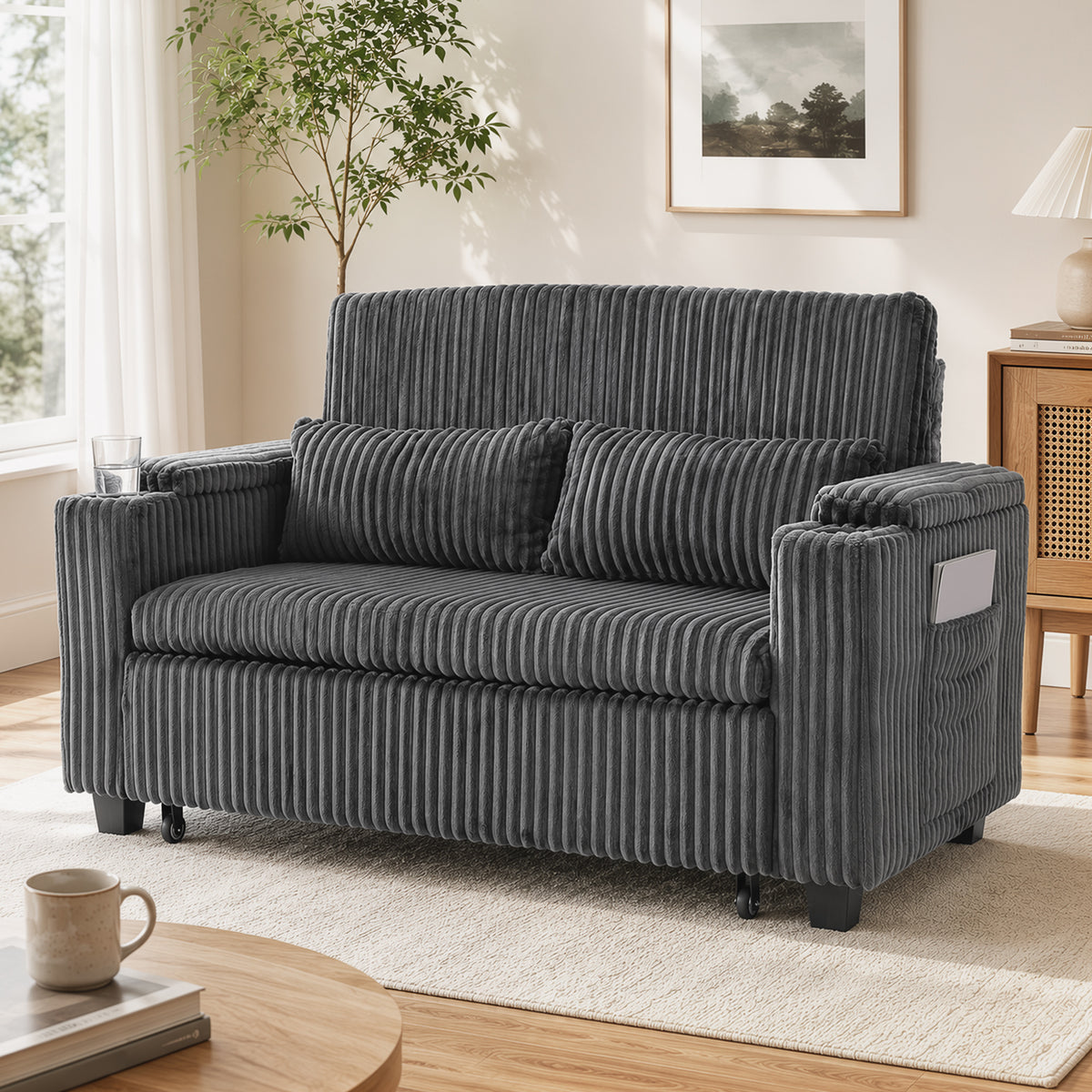 2 Seater Sofa Bed, 3-in-1 Convertible Pull Out Sleeper Sofa, Corduroy Loveseat Bed Settee with Adjustable Backrest, Storage Armrests, Cup Holders, Side Pockets for Living Room, Dark Grey