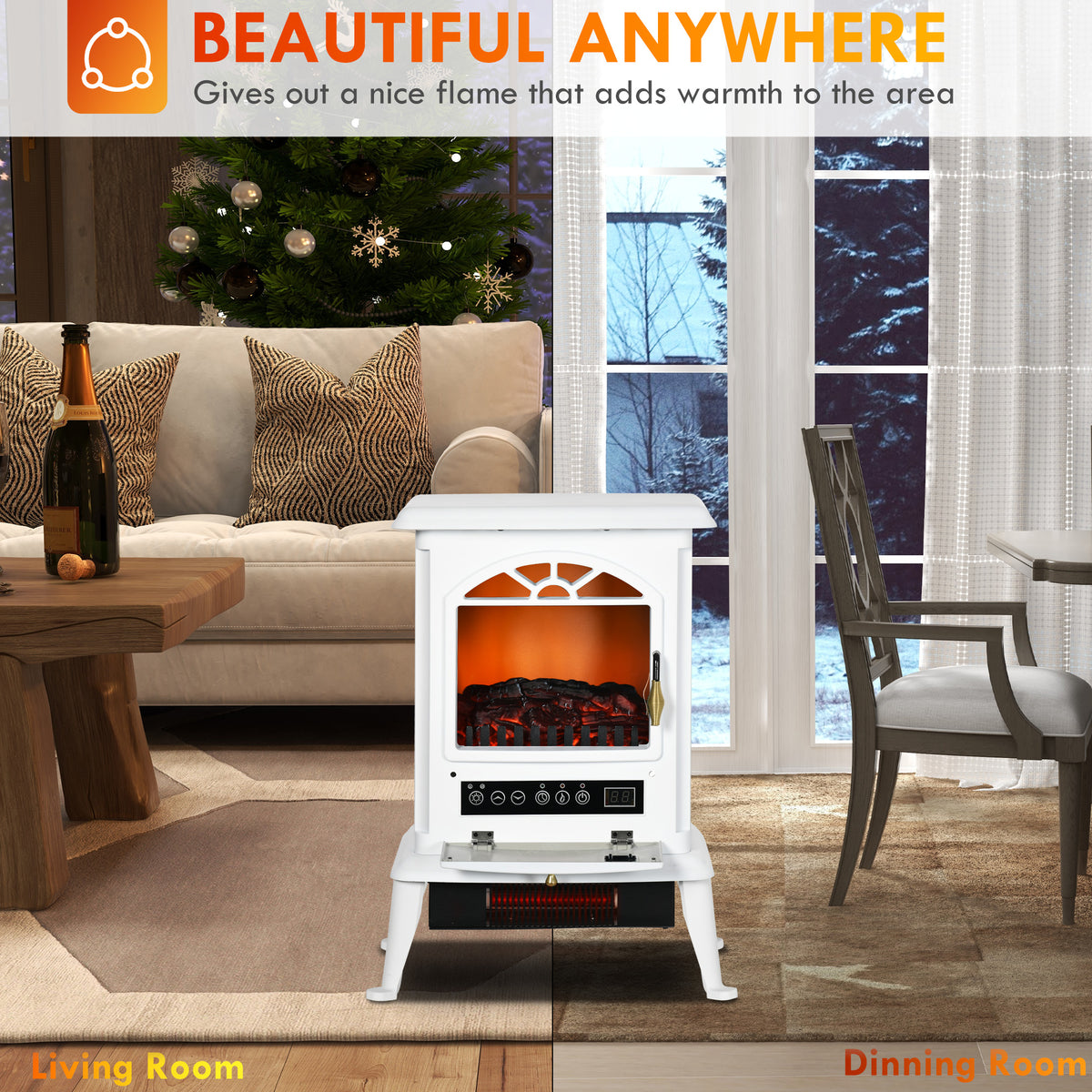 23" Electric Fireplace Heater with Flame Effect, Adjustable Temp, 1000W/1500W, White