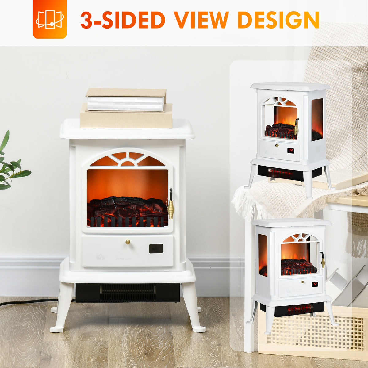 23" Electric Fireplace Heater with Flame Effect, Adjustable Temp, 1000W/1500W, White