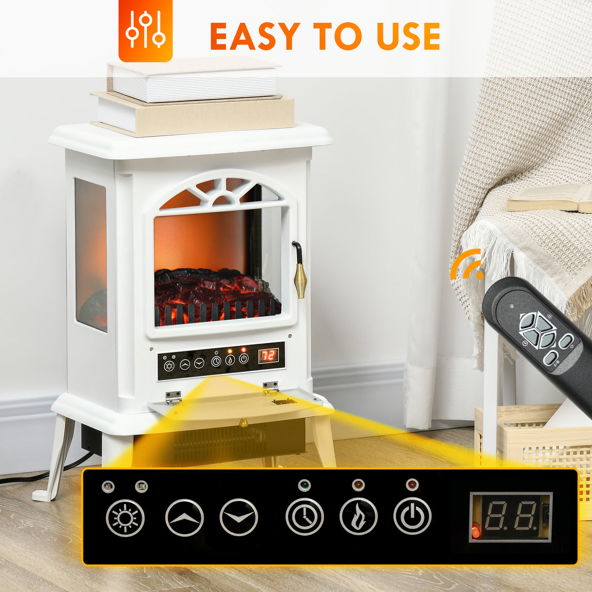 23" Electric Fireplace Heater with Flame Effect, Adjustable Temp, 1000W/1500W, White