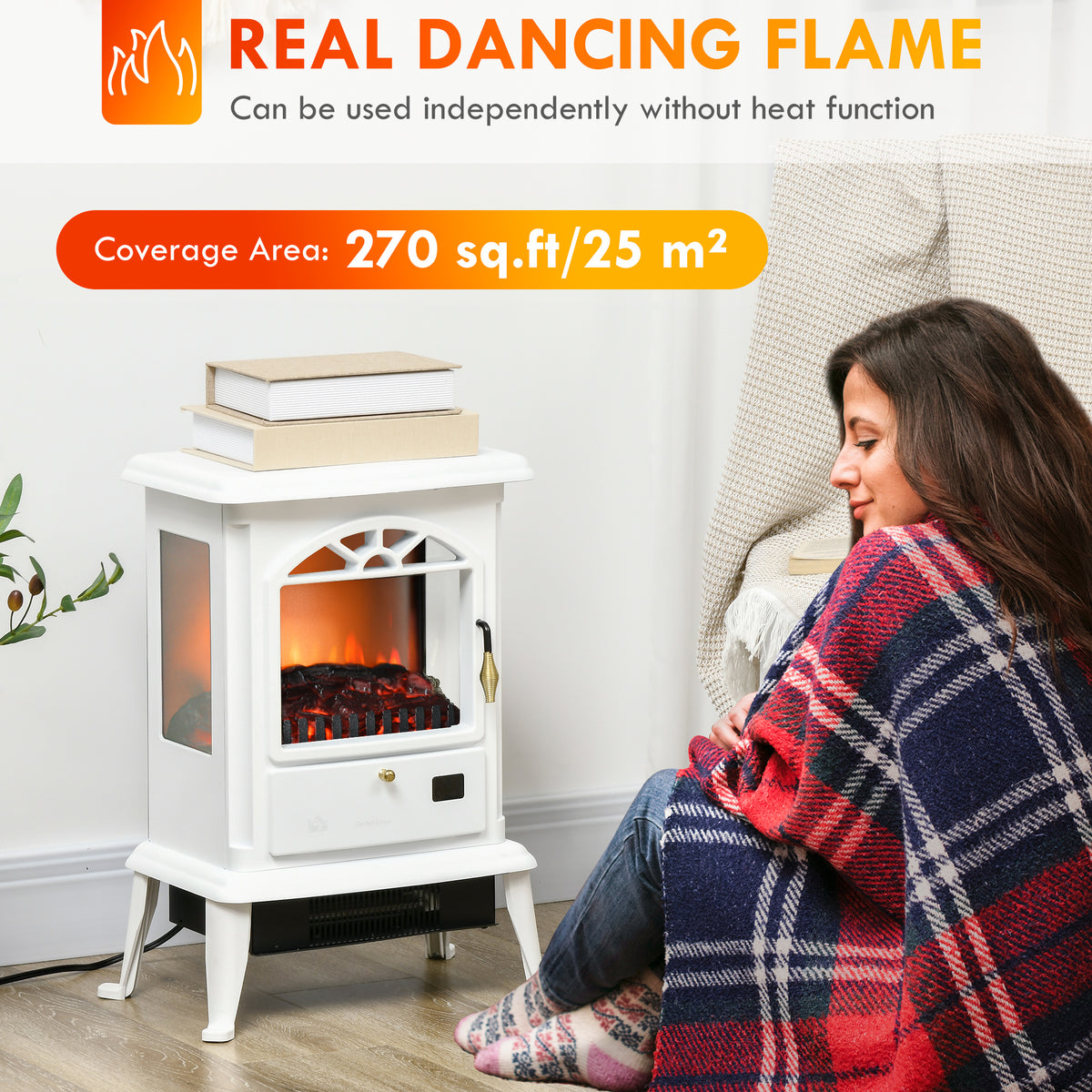 23" Electric Fireplace Heater with Flame Effect, Adjustable Temp, 1000W/1500W, White