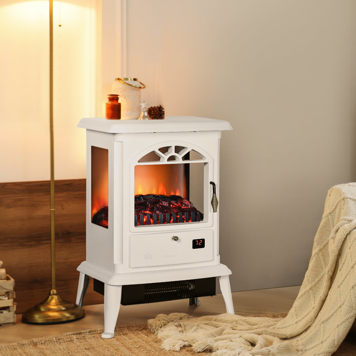 23" Electric Fireplace Heater with Flame Effect, Adjustable Temp, 1000W/1500W, White
