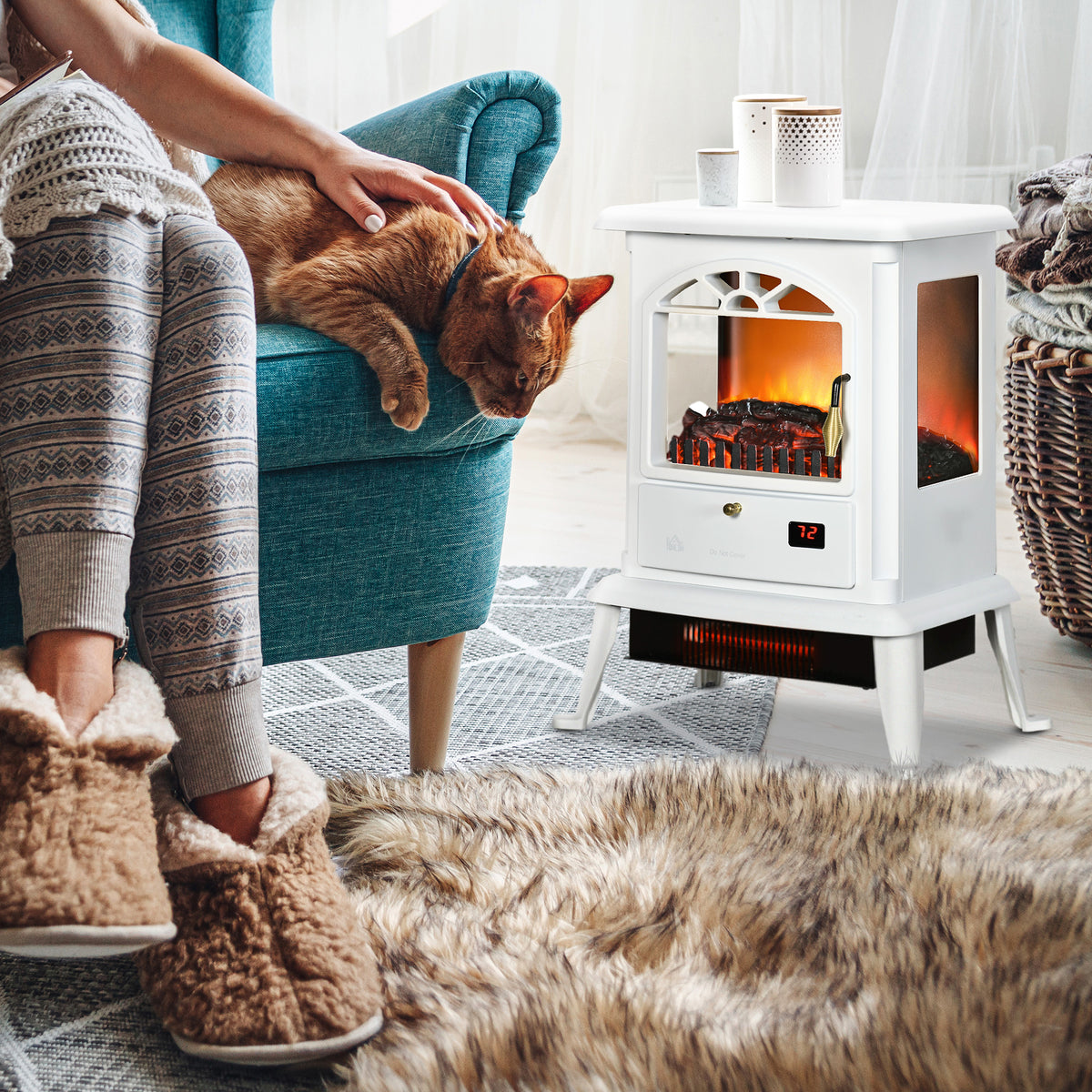23" Electric Fireplace Heater with Flame Effect, Adjustable Temp, 1000W/1500W, White