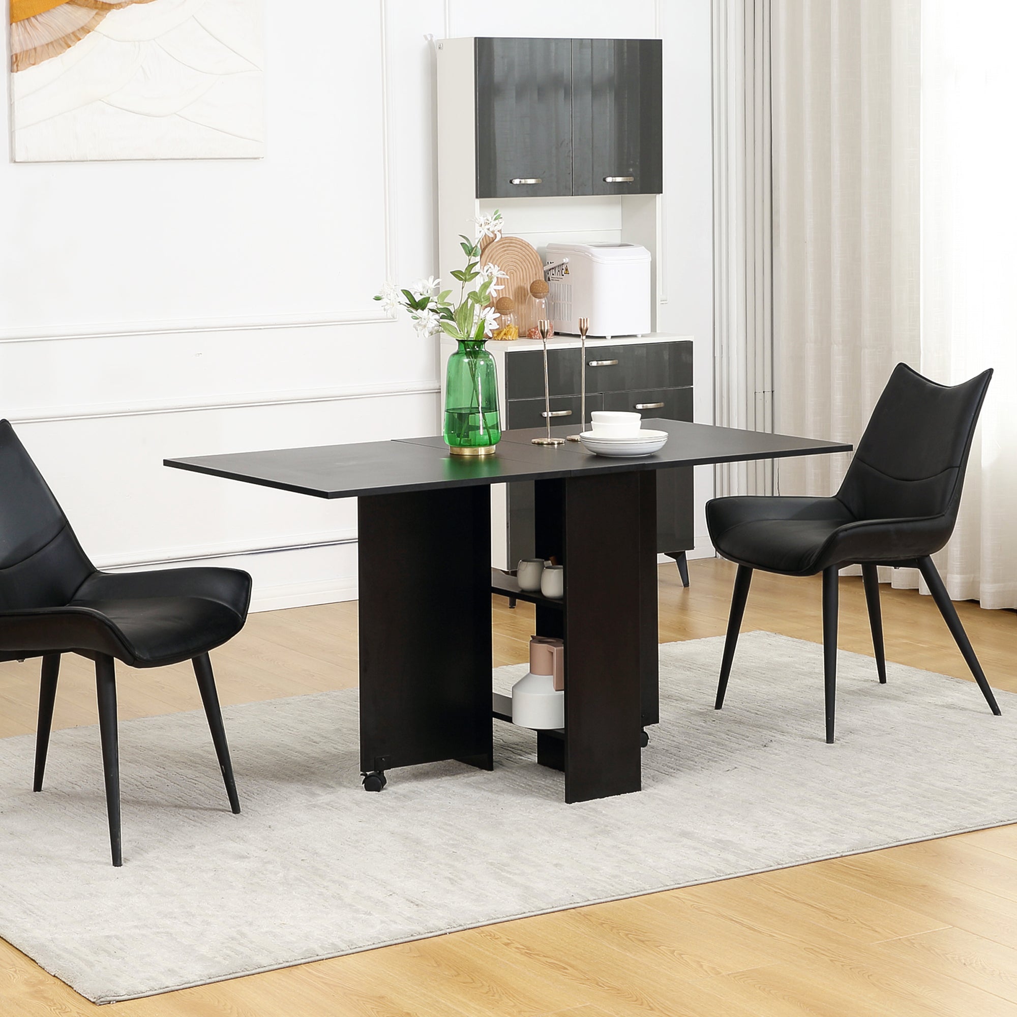 HOMCOM Folding Dining Table, Drop Leaf Table for Small Spaces with 2-tier Shelves, Small Kitchen Table with Rolling Casters, Black