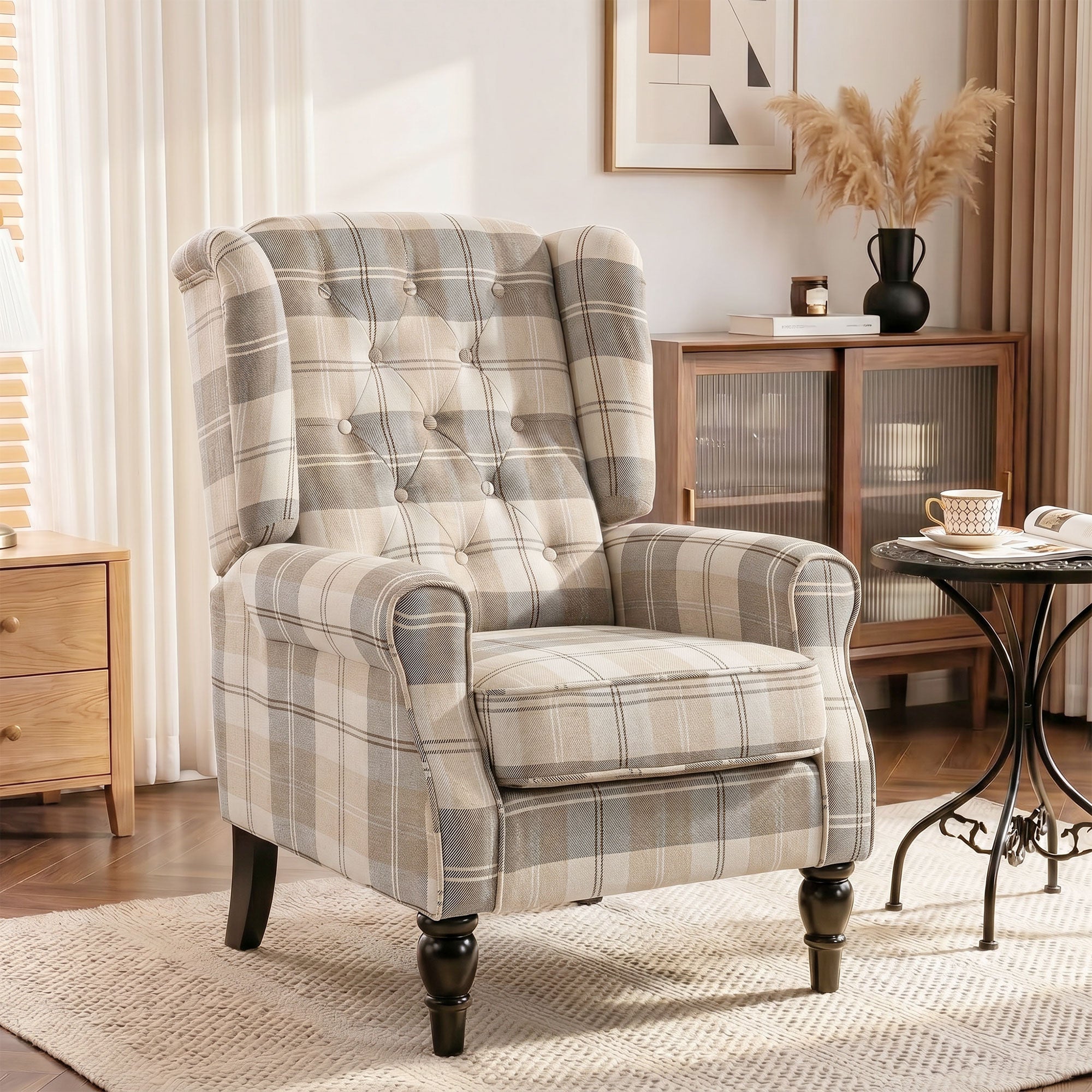 Wingback Accent Chair, Linen-Look Fabric Armchair with Thick Spring Cushion, High Back, Solid Wood Legs, Retro Button Tufted Reading Chair for Living Room, Bedroom, Khaki Plaid