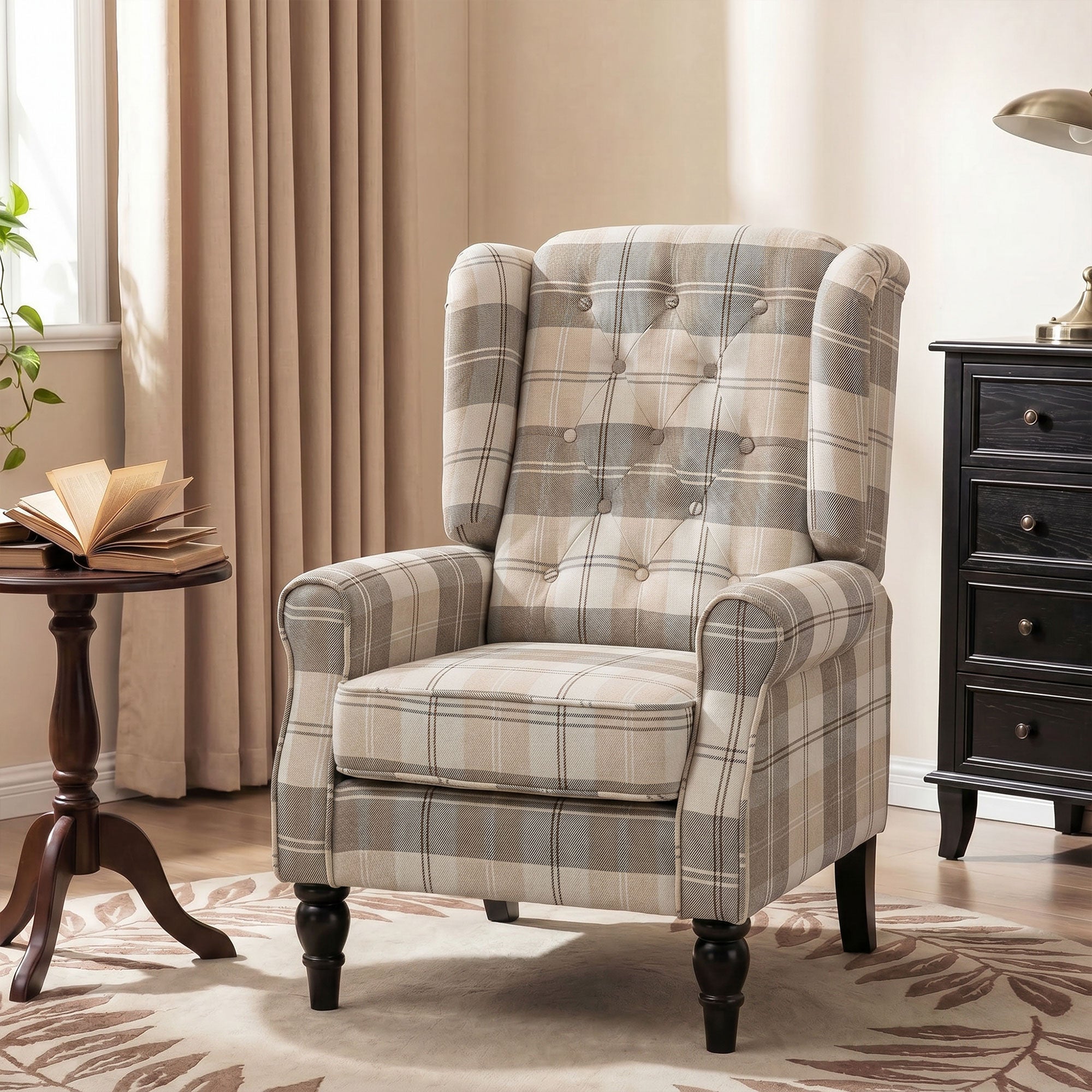 Wingback Accent Chair, Linen-Look Fabric Armchair with Thick Spring Cushion, High Back, Solid Wood Legs, Retro Button Tufted Reading Chair for Living Room, Bedroom, Khaki Plaid