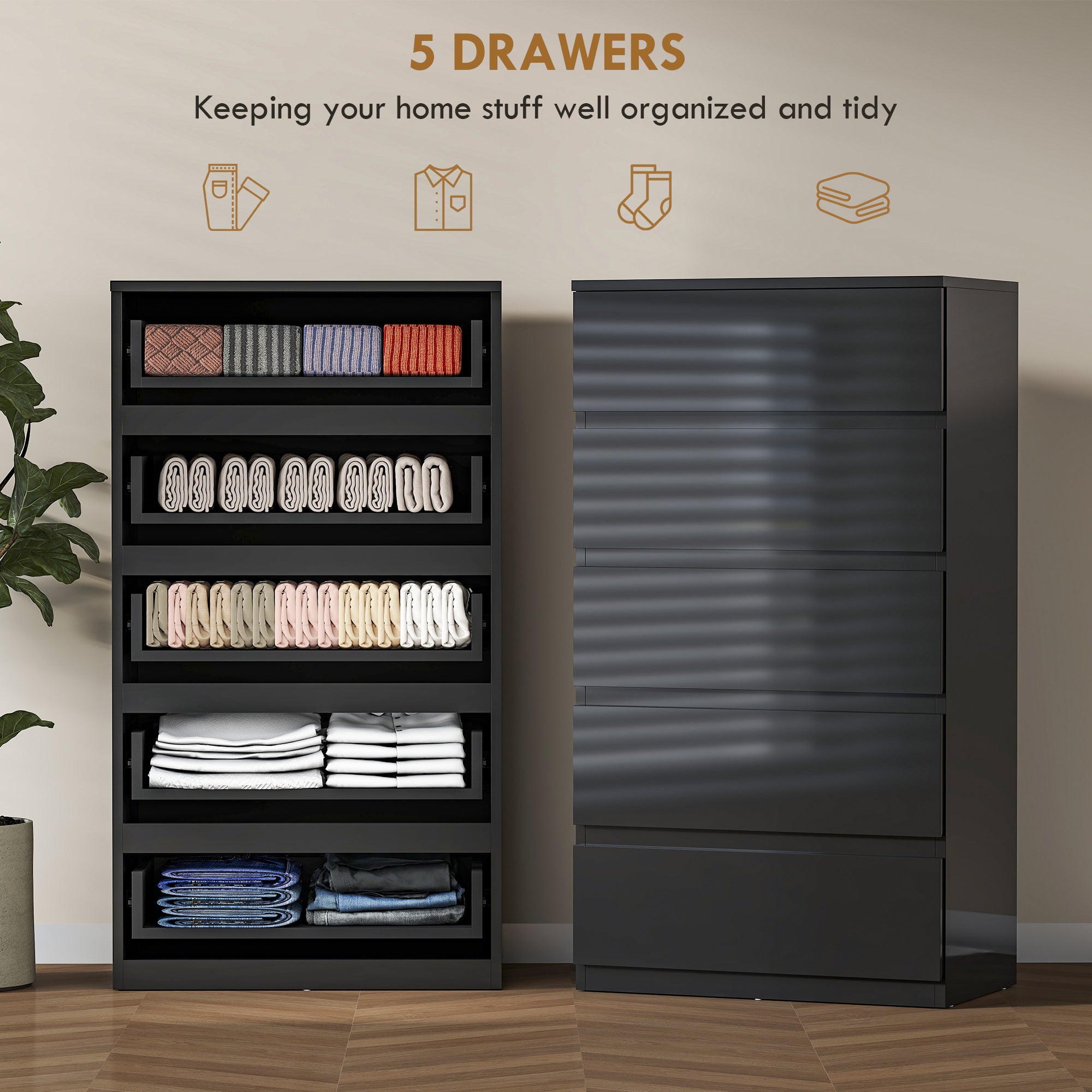 Chest of Drawers, 5 Drawers Storage Cabinet Floor Tower Cupboard for Bedroom Living Room, High Gloss Black