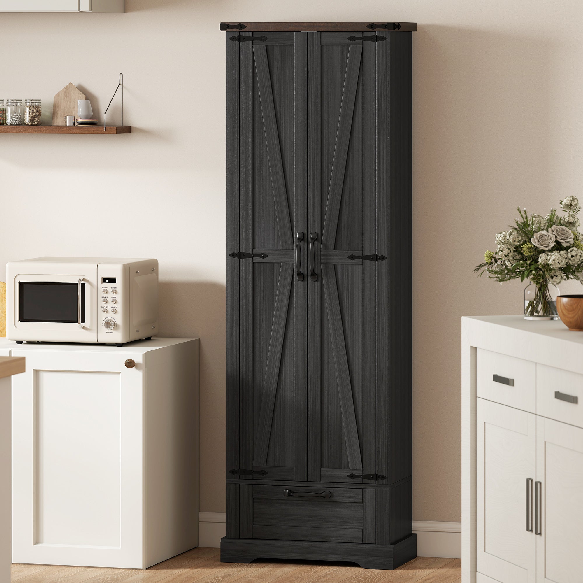 71" Tall Kitchen Pantry, Farmhouse Storage Cabinet with Barn Doors, Drawer and Adjustable Shelves, Freestanding Food Pantry Cabinet for Kitchen, Dining Room, Black