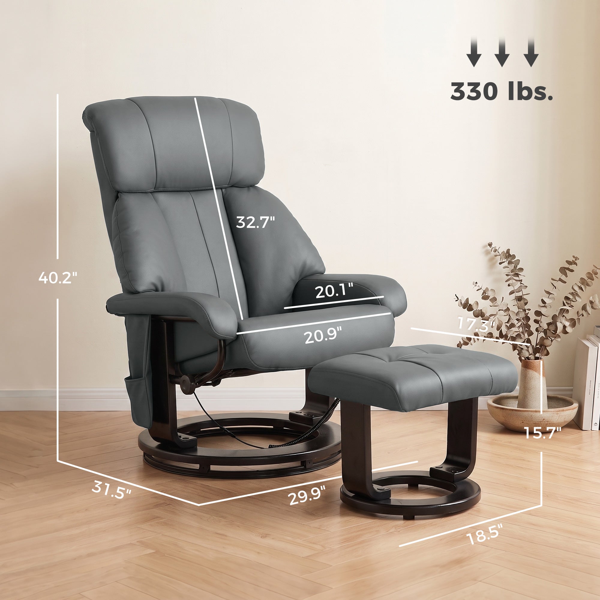 Massage Recliner Chair with Ottoman, 360° Swivel Recliner and Footstool, 10-Point Vibration, PU Leather Reclining Chair with Remote Control, Gray