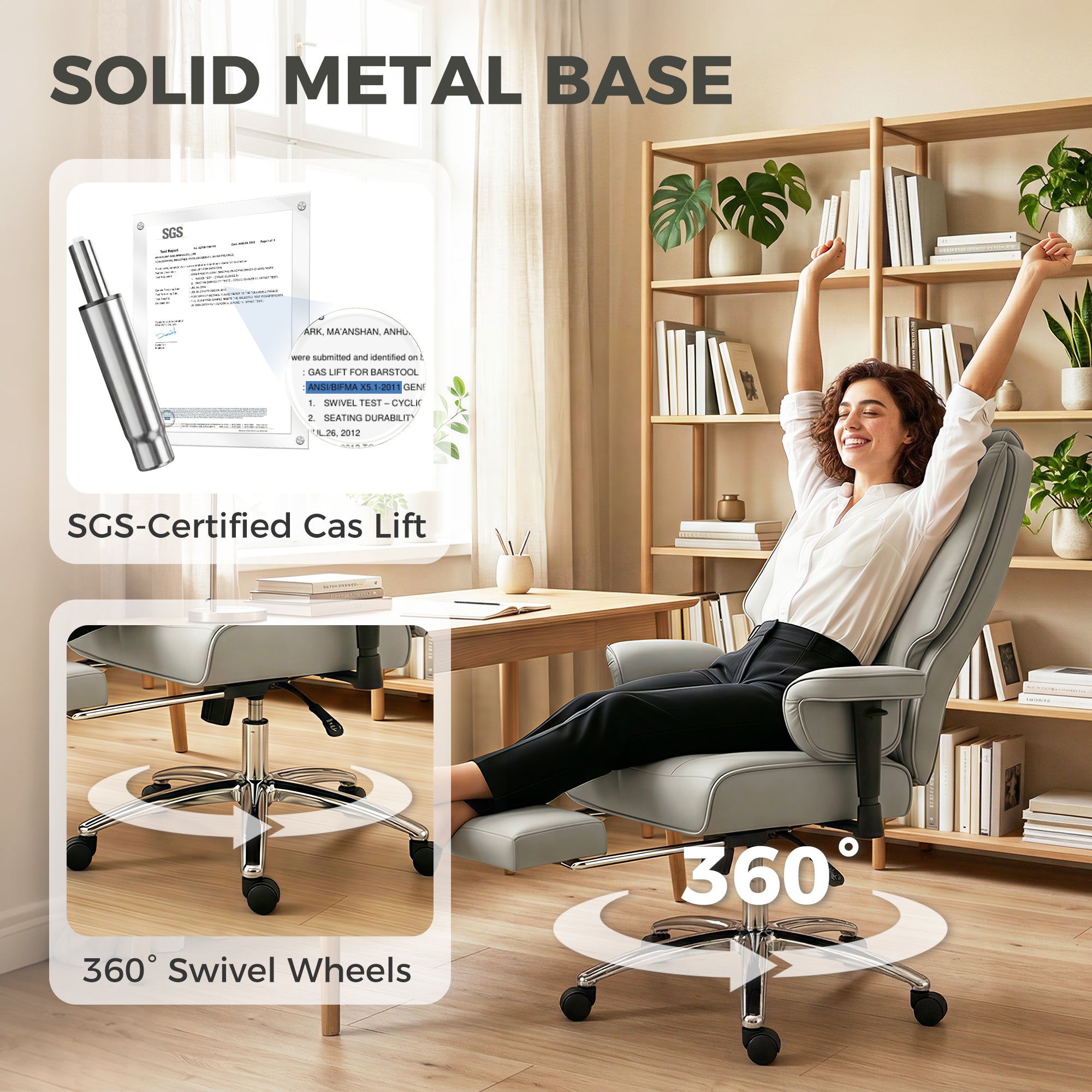 Ergonomic Executive Office Chair with Foot Rest, Reclining Swivel Computer Desk Chair with Adjustable Armrests, Spring Seat, High Back, Thick Cushion, Pet Friendly Faux Leather, Light Gray