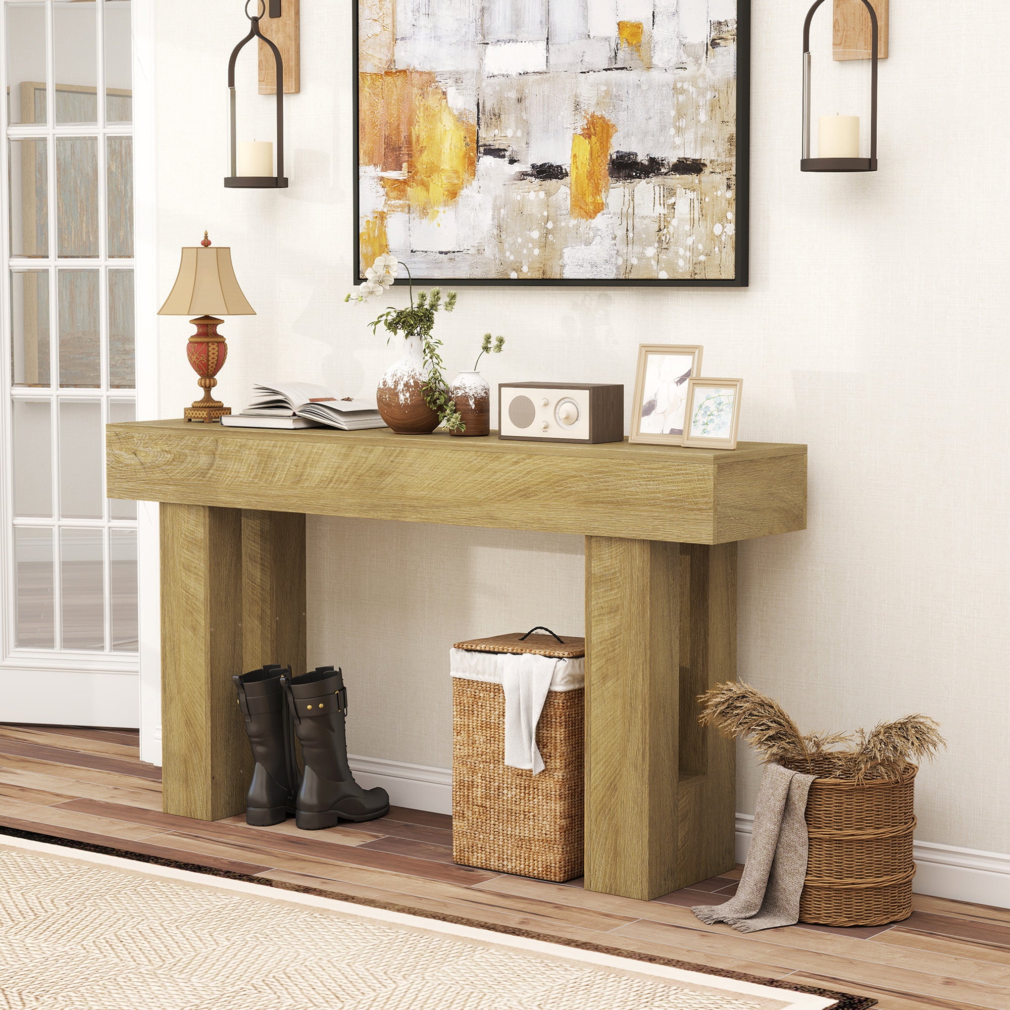 63 Inch Console Table, Narrow Farmhouse Entryway Table with Thickened Tabletop for Living Room, Hallway, Entrance, Oak