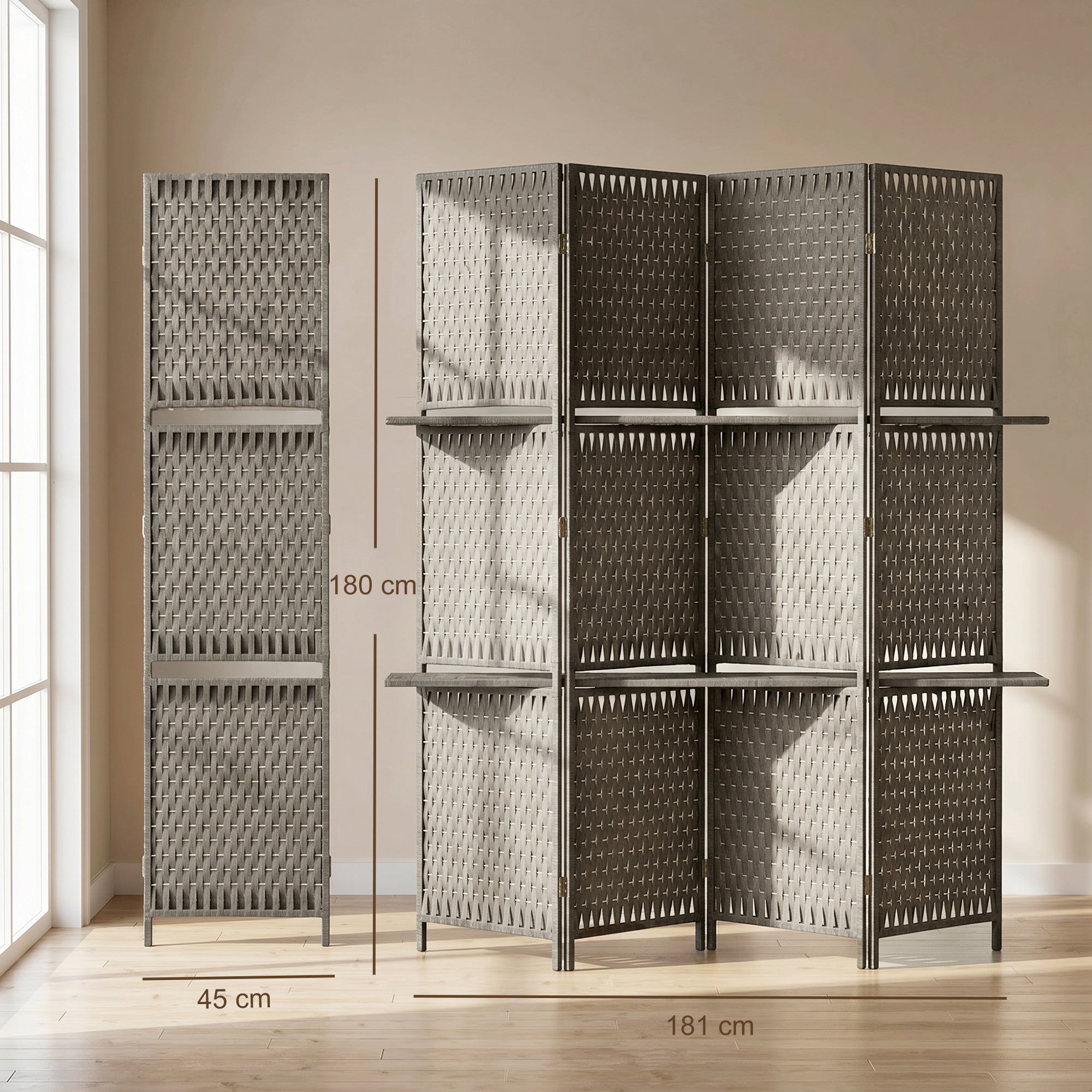 4-Panel Room Divider with Shelves, Wave Fibre Freestanding Folding Privacy Screen Panels, Partition Wall Divider for Indoor Bedroom Office, 180 cm, Grey