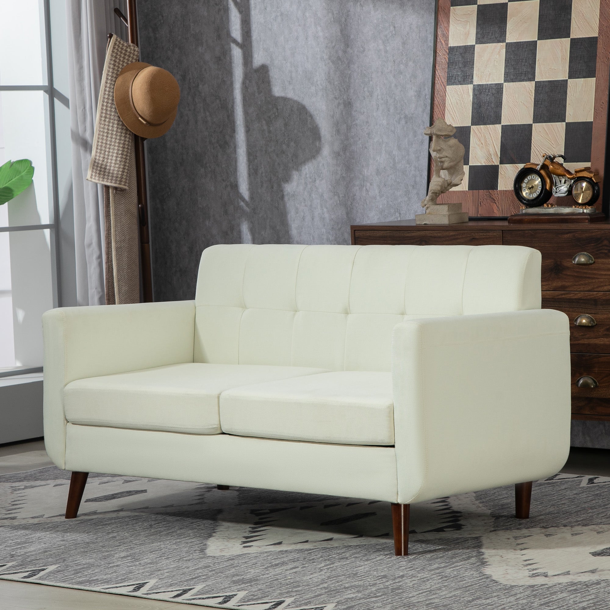 HOMCOM 2 Seater Sofa, Modern Tufted Fabric Couch, Upholstered Loveseat with Wood Legs for Small Space, Living Room, Bedroom, Office, Cream White