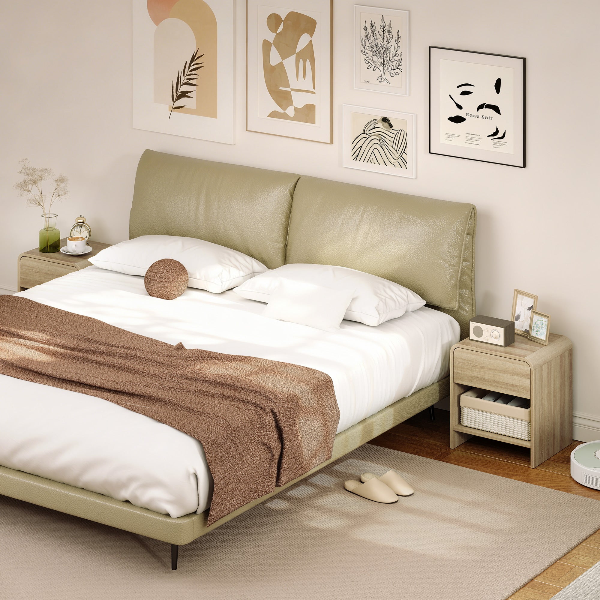 Bedside Tables Set of 2, Modern Nightstands with Rounded Corners, Space-Saving Side Table with Drawer and Open Shelf for Living Room, Bedroom, Natural Wood