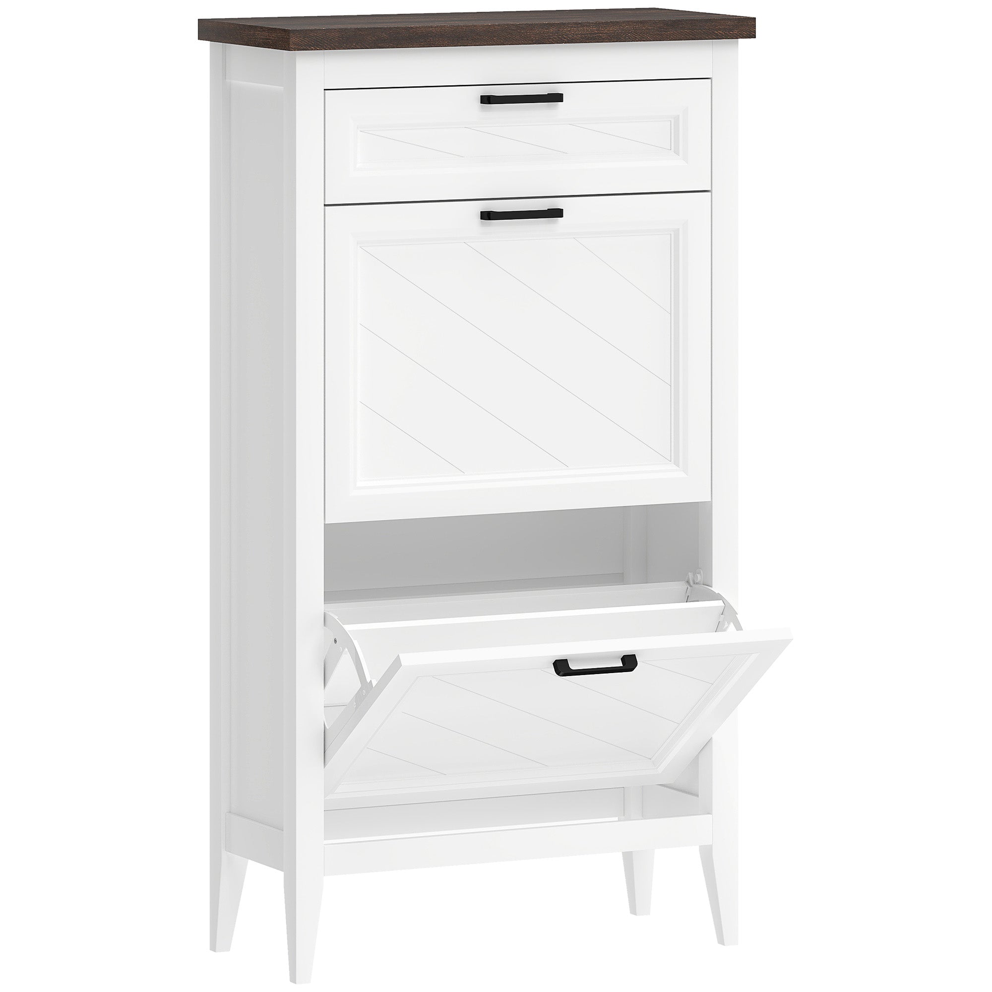 Shoe Cabinet with 2 Flip Drawers, Farmhouse Narrow Shoe Storage Cabinet with Adjustable Shelves, Storage Drawer, Freestanding for Entryway, Hallway, Living Room, Holds 8-12 Pairs, White