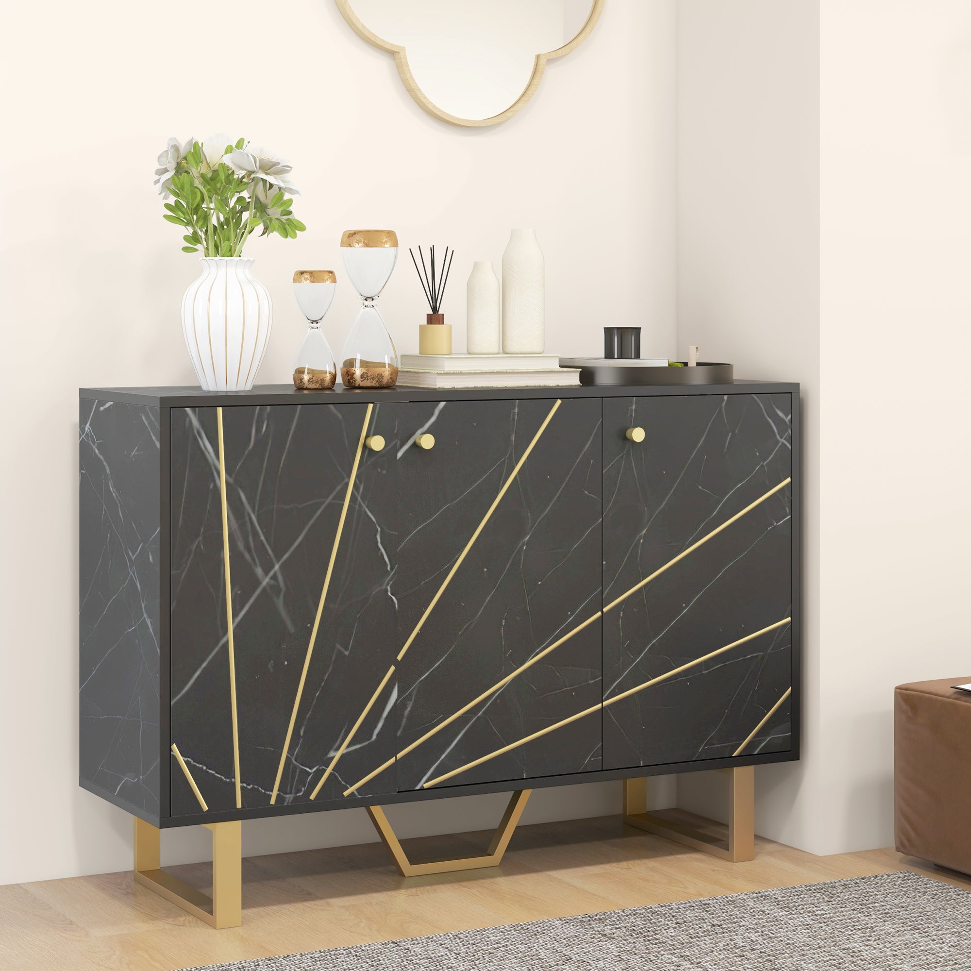 Sideboard Storage Cabinet, Modern Storage Cupboard with Adjustable Shelves and Metal Legs for Living Room, Kitchen, Dining Room, Entryway, Black Marble Tone
