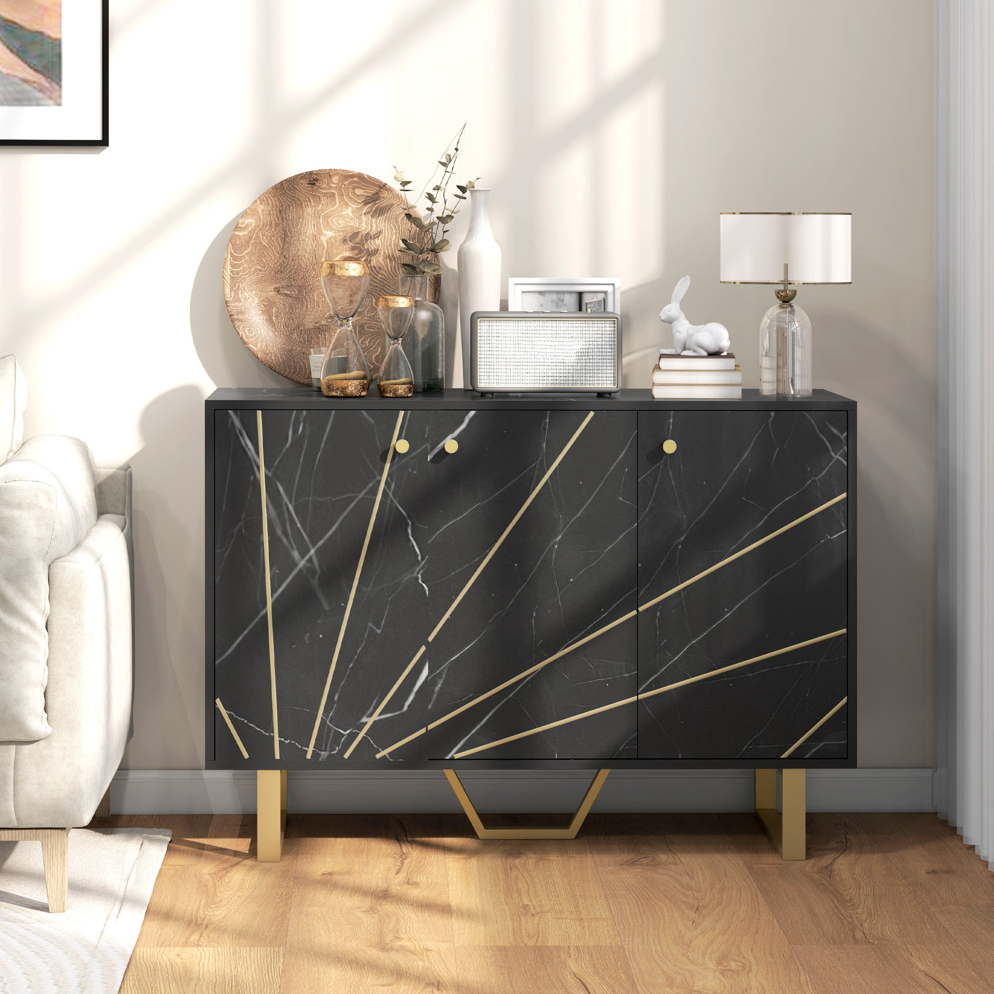Sideboard Storage Cabinet, Modern Storage Cupboard with Adjustable Shelves and Metal Legs for Living Room, Kitchen, Dining Room, Entryway, Black Marble Tone