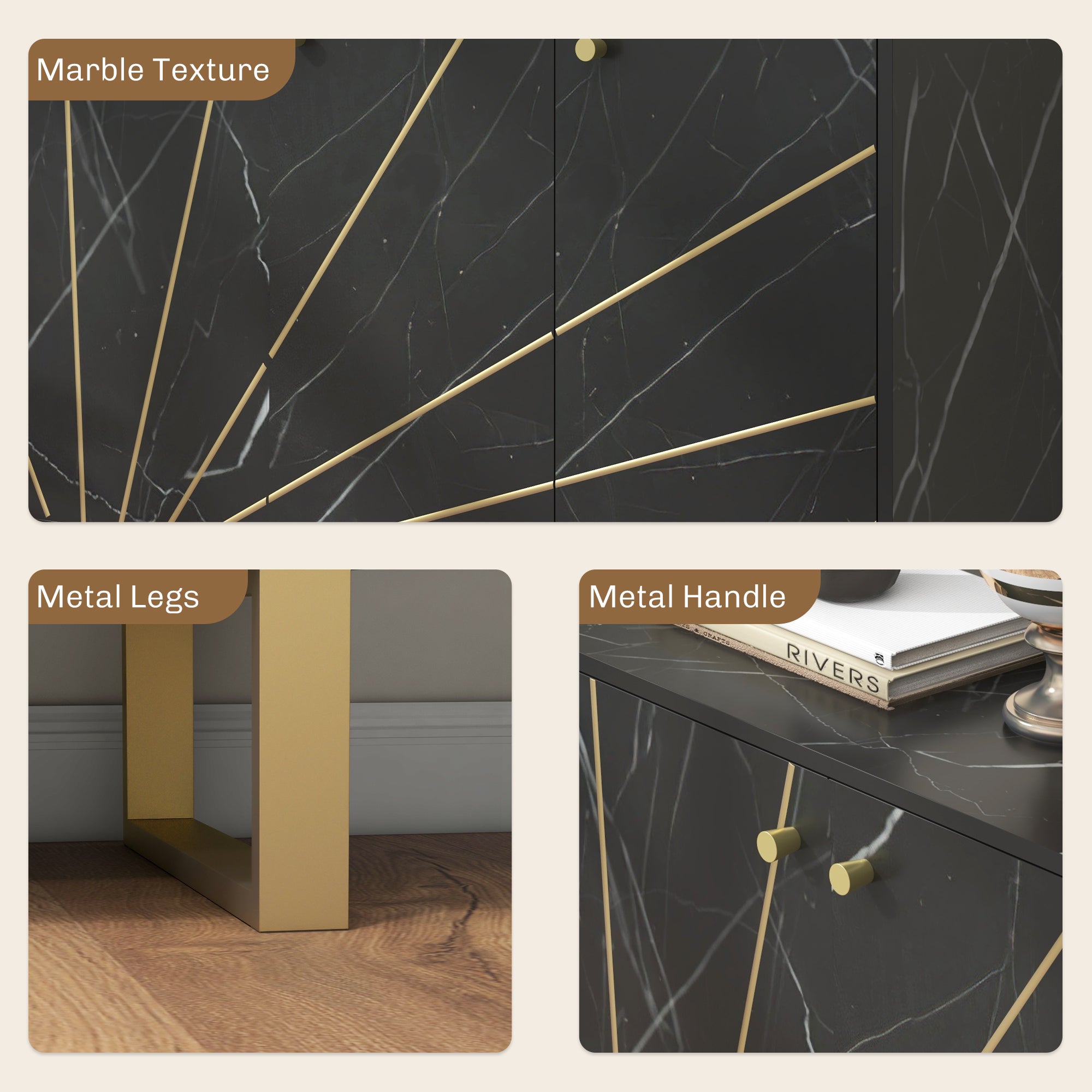 Sideboard Storage Cabinet, Modern Storage Cupboard with Adjustable Shelves and Metal Legs for Living Room, Kitchen, Dining Room, Entryway, Black Marble Tone
