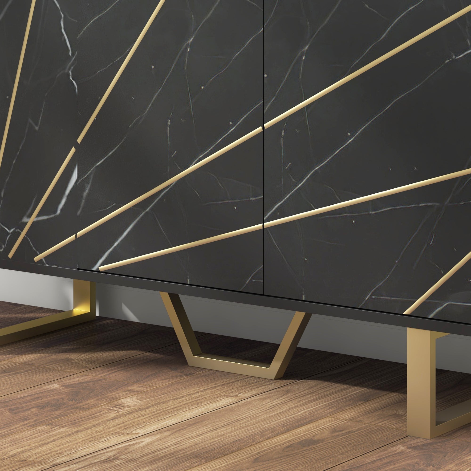 Sideboard Storage Cabinet, Modern Storage Cupboard with Adjustable Shelves and Metal Legs for Living Room, Kitchen, Dining Room, Entryway, Black Marble Tone
