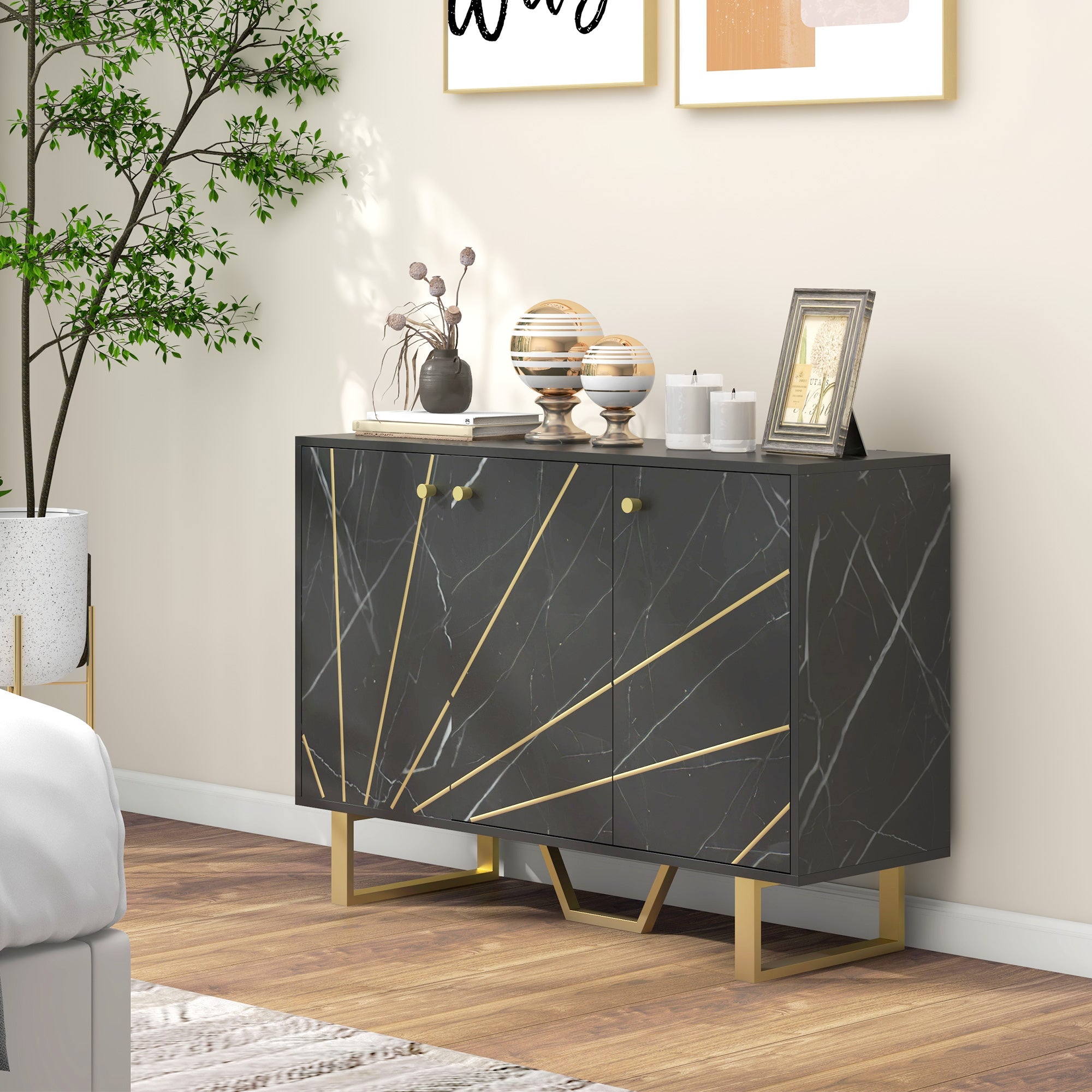 Sideboard Storage Cabinet, Modern Storage Cupboard with Adjustable Shelves and Metal Legs for Living Room, Kitchen, Dining Room, Entryway, Black Marble Tone