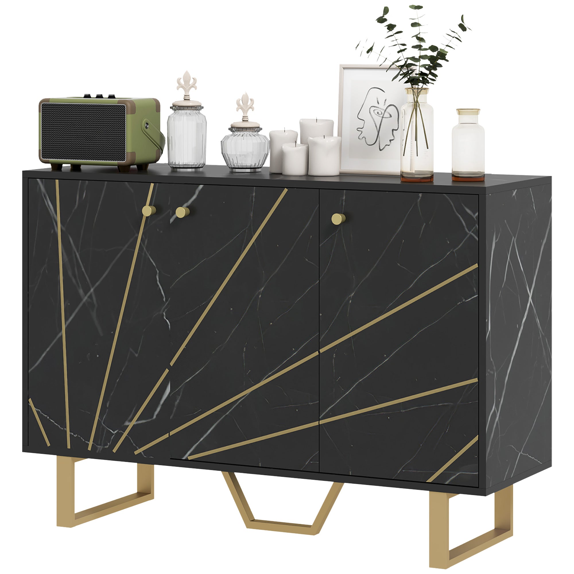 Sideboard Storage Cabinet, Modern Storage Cupboard with Adjustable Shelves and Metal Legs for Living Room, Kitchen, Dining Room, Entryway, Black Marble Tone