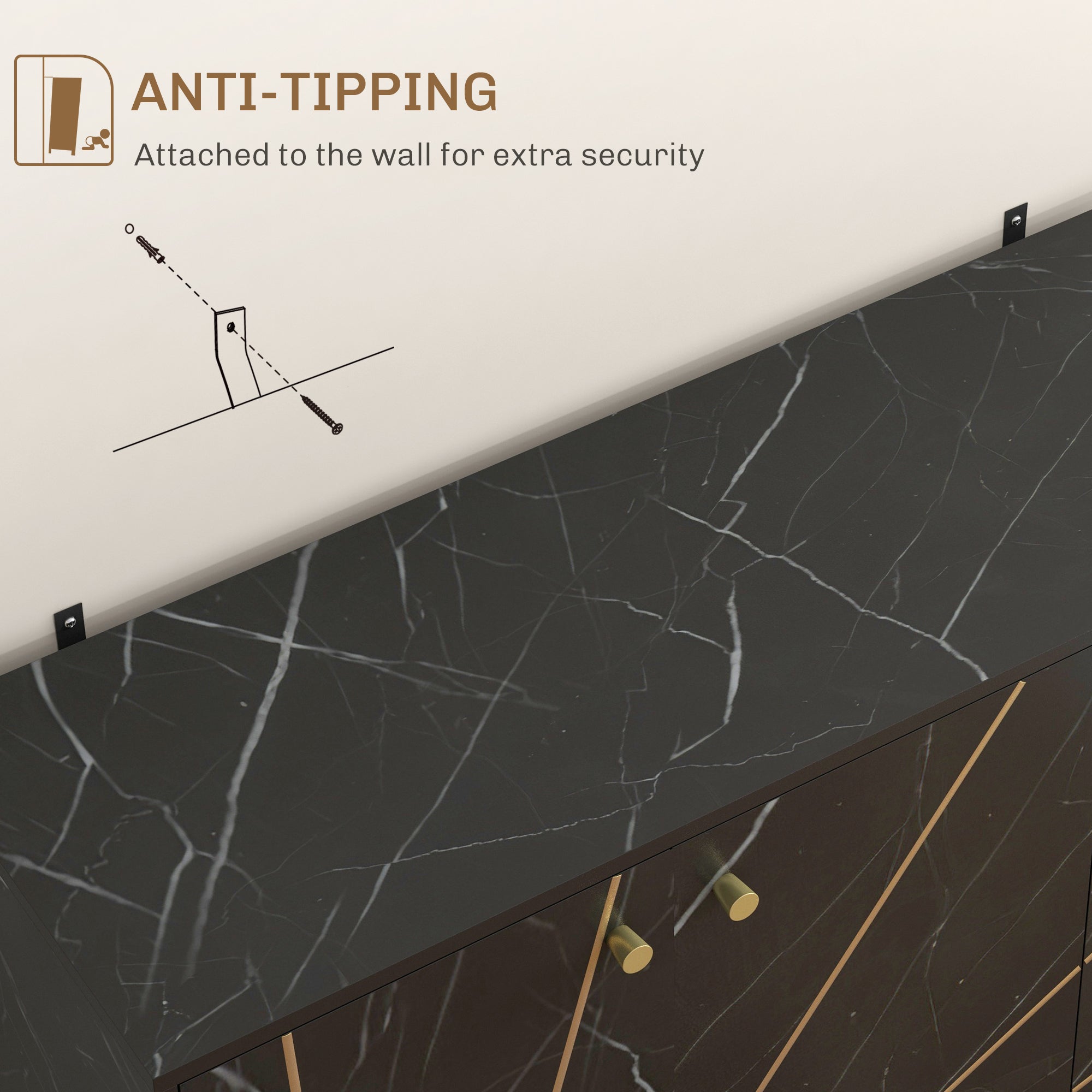 Sideboard Storage Cabinet, Modern Storage Cupboard with Adjustable Shelves and Metal Legs for Living Room, Kitchen, Dining Room, Entryway, Black Marble Tone