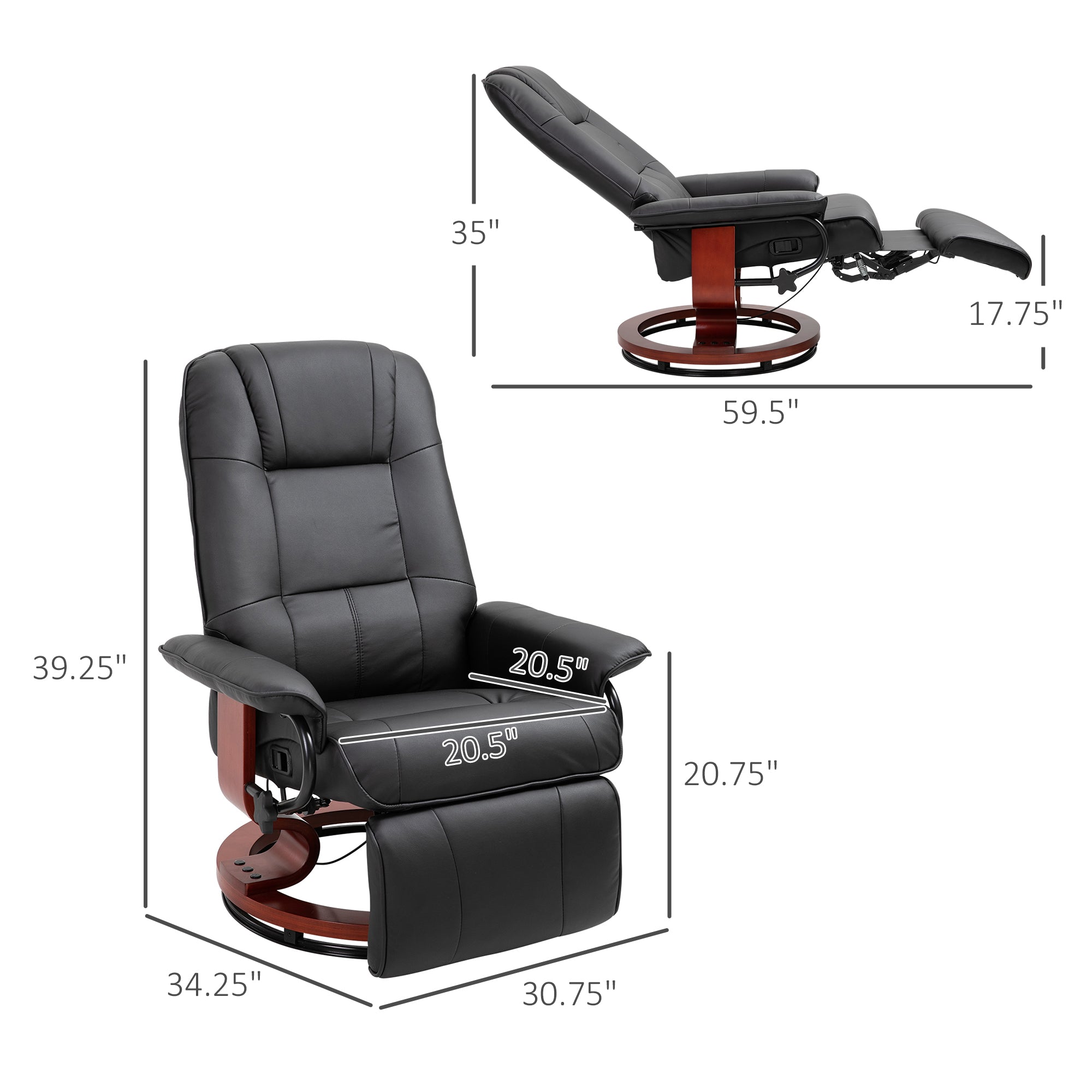 Faux Leather Recliner Chair, Swivel Recliner w/ Footrest, Armrest & Wood Base, Black