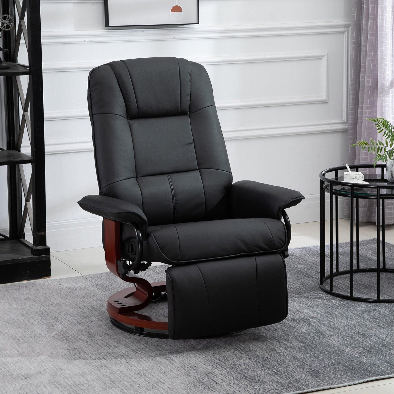 Faux Leather Recliner Chair, Swivel Recliner w/ Footrest, Armrest & Wood Base, Black