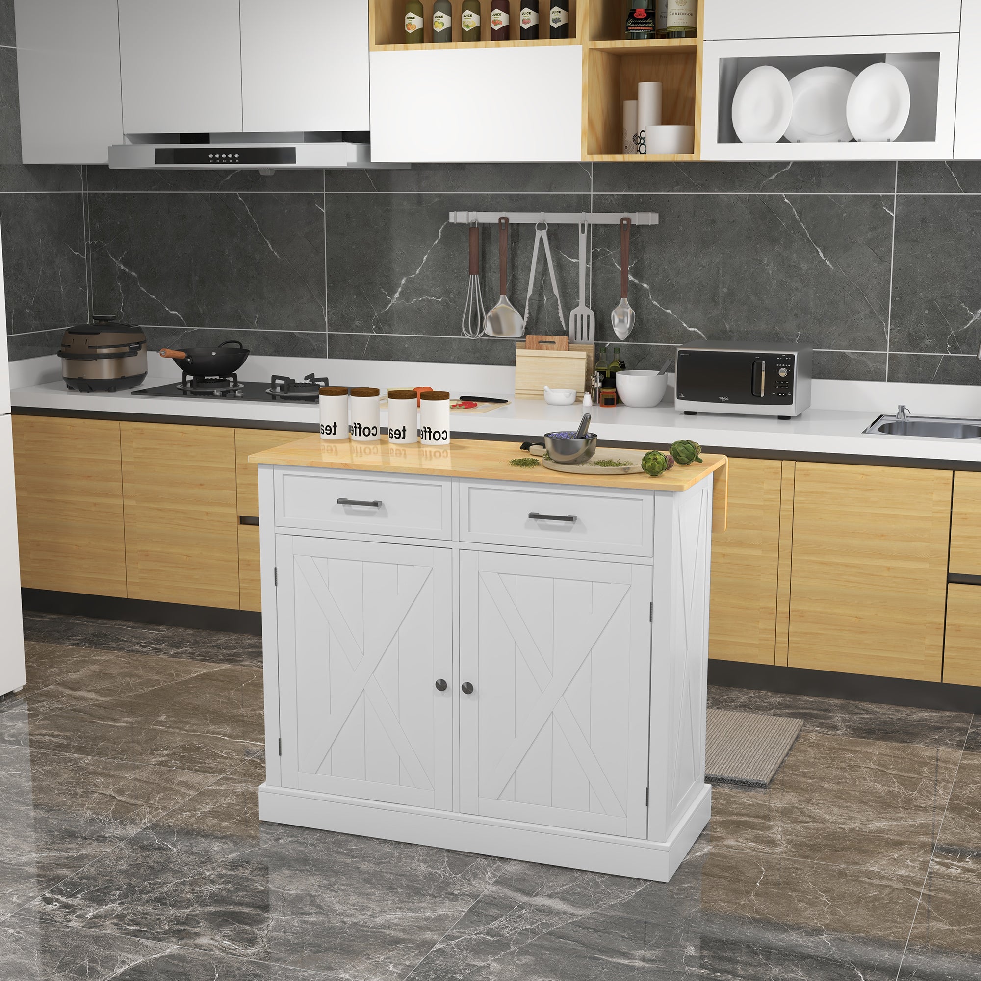 Rolling Kitchen Island with Drop Leaf, Wood Breakfast Bar Cart with 2 Drawers, White