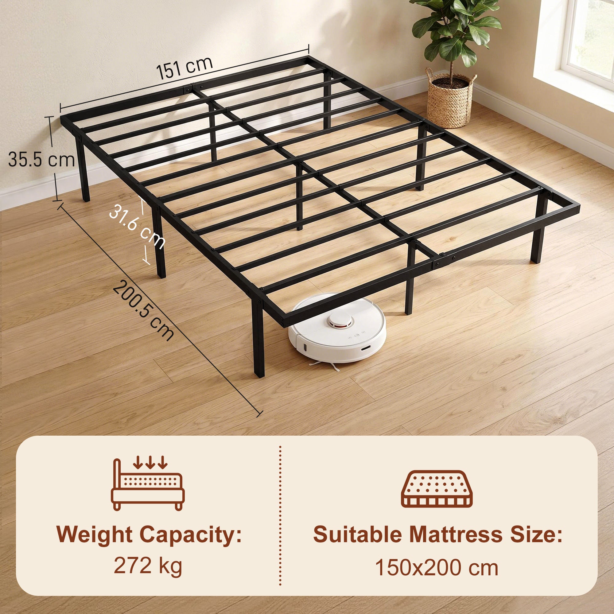 5ft King Bed Frame with Underbed Storage, 35.5 cm Height, Metal Platform Bed Frame with Steel Slat Support, Noise-Free, No Box Spring Needed, Easy Assembly, Black