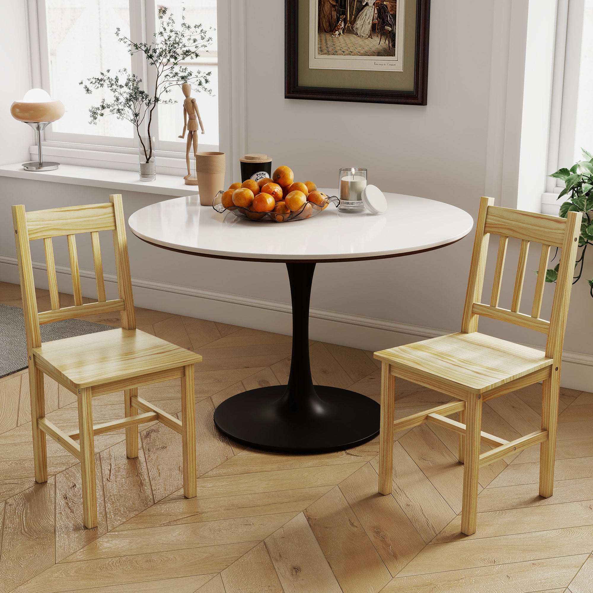 Dining Chairs Set of 2, Kitchen Chair with Slat Back, Pine Wood Structure for Living Room and Dining Room, Natural Wood Finish