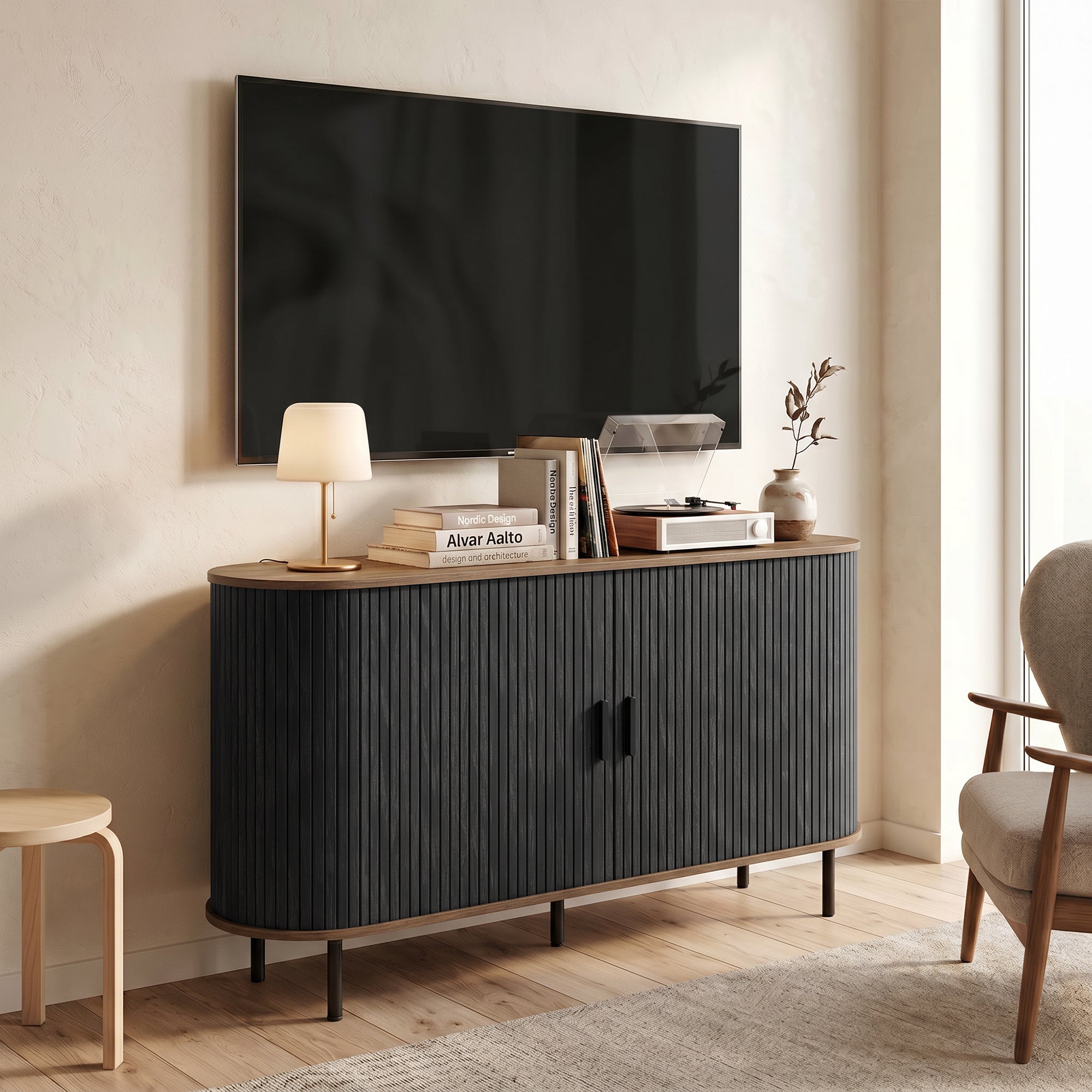Fluted Sideboard Buffet Cabinet, 55" Mid Century Coffee Bar Cabinet with Sliding Doors, Kitchen Credenza with Adjustable Shelves, Black Wood Grain