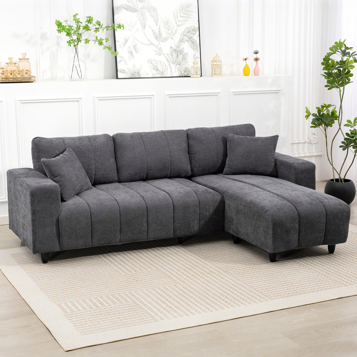 Modular Sectional Sofa with Changeable Chaise, Integrated Seat, 95" Large 3 Seater L-Shaped Sofa with Spring Cushion, 2 Pillows, Steel Frame for Living Room, Charcoal Grey