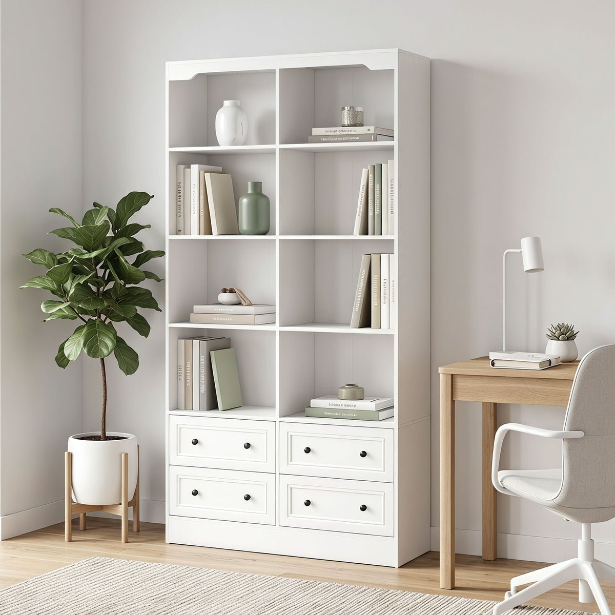 Bookshelf with 8 Cubbies and 4 Drawers, 5-Tier Double Wide Bookcase, Tall Bookcase with Storage, Standing Book Cabinet for Home Office, White